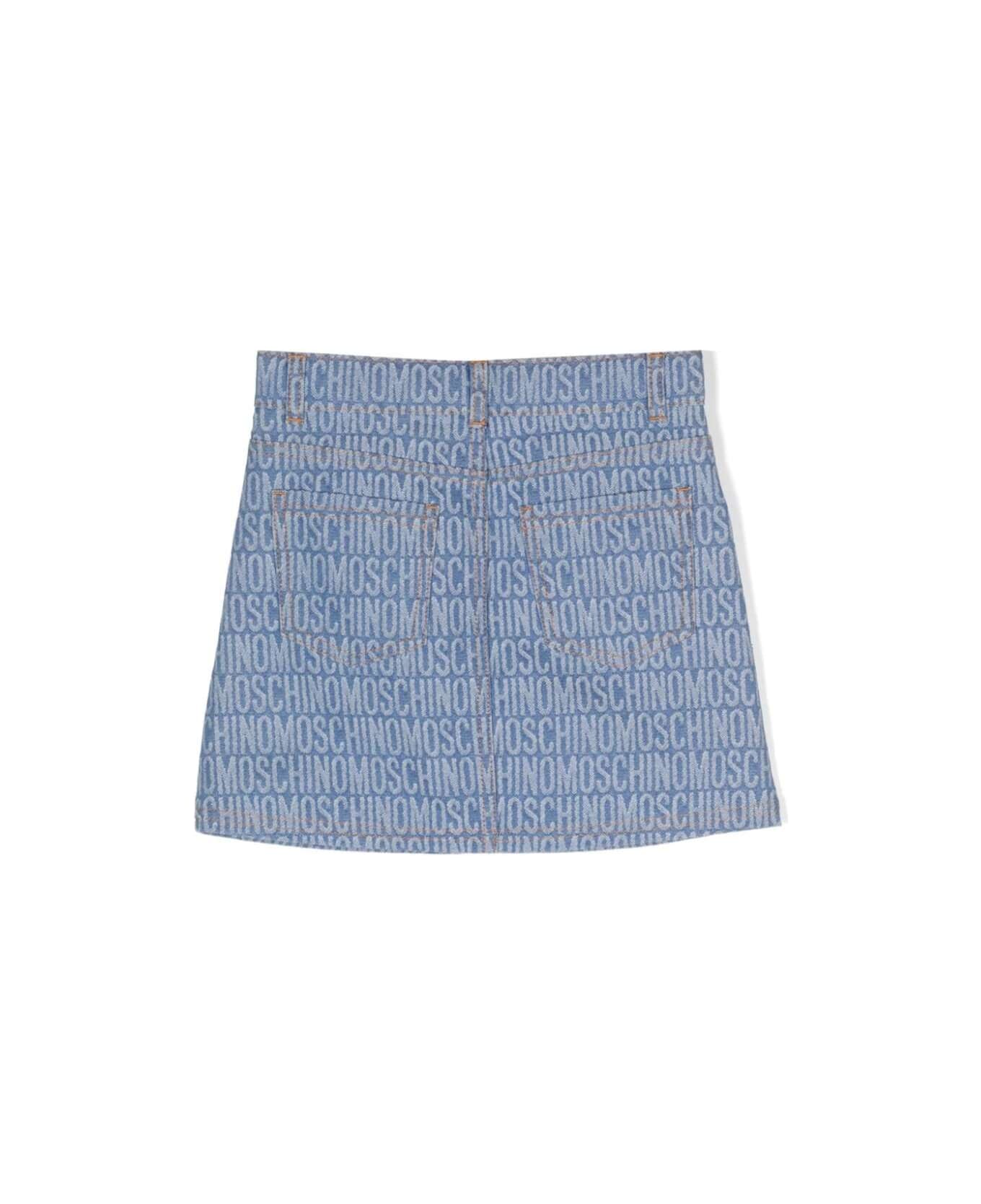 Moschino Blue Mini Skirt With Logo All Over In Denim Girl - Blu