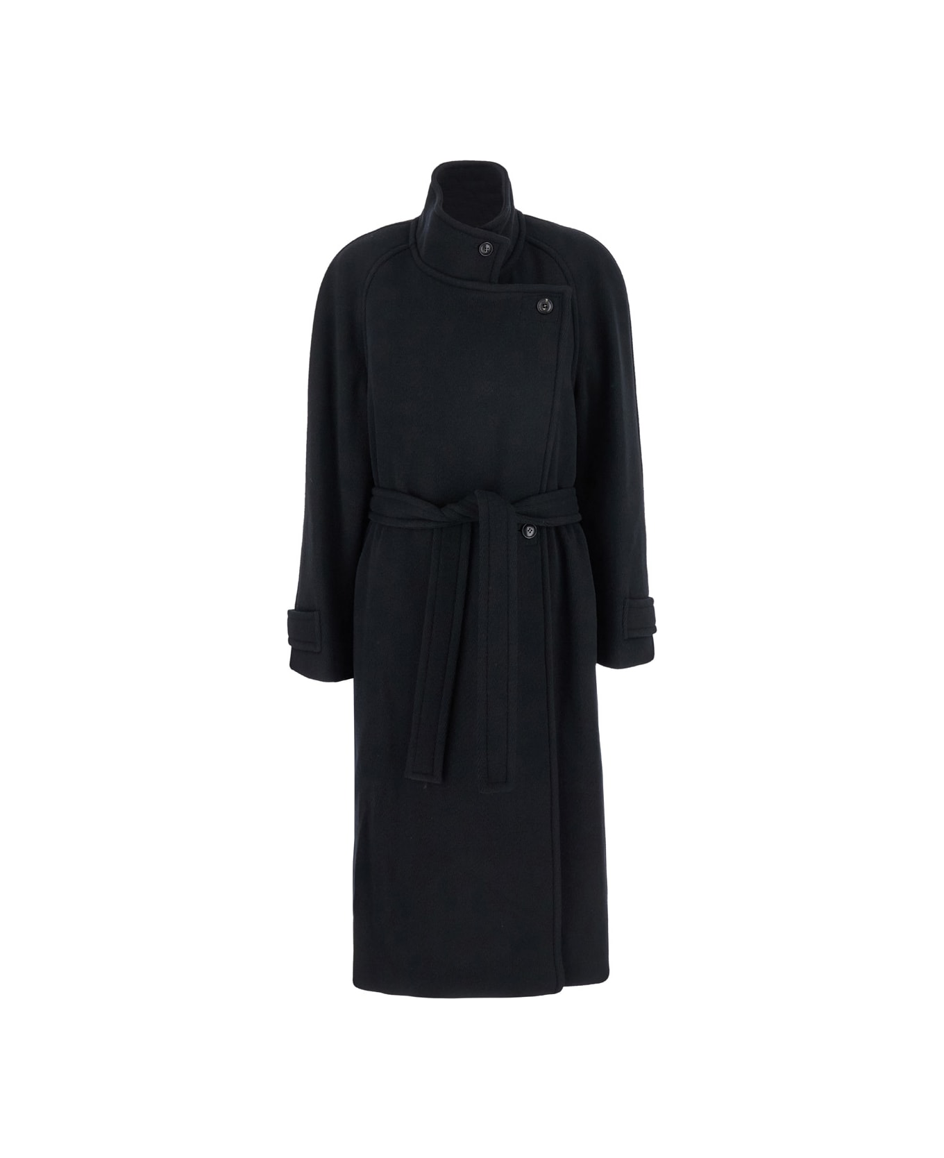 Low Classic Black Double-breasted Coat With Removable Belt And Wraparound Design In Wool Blend Woman - Black