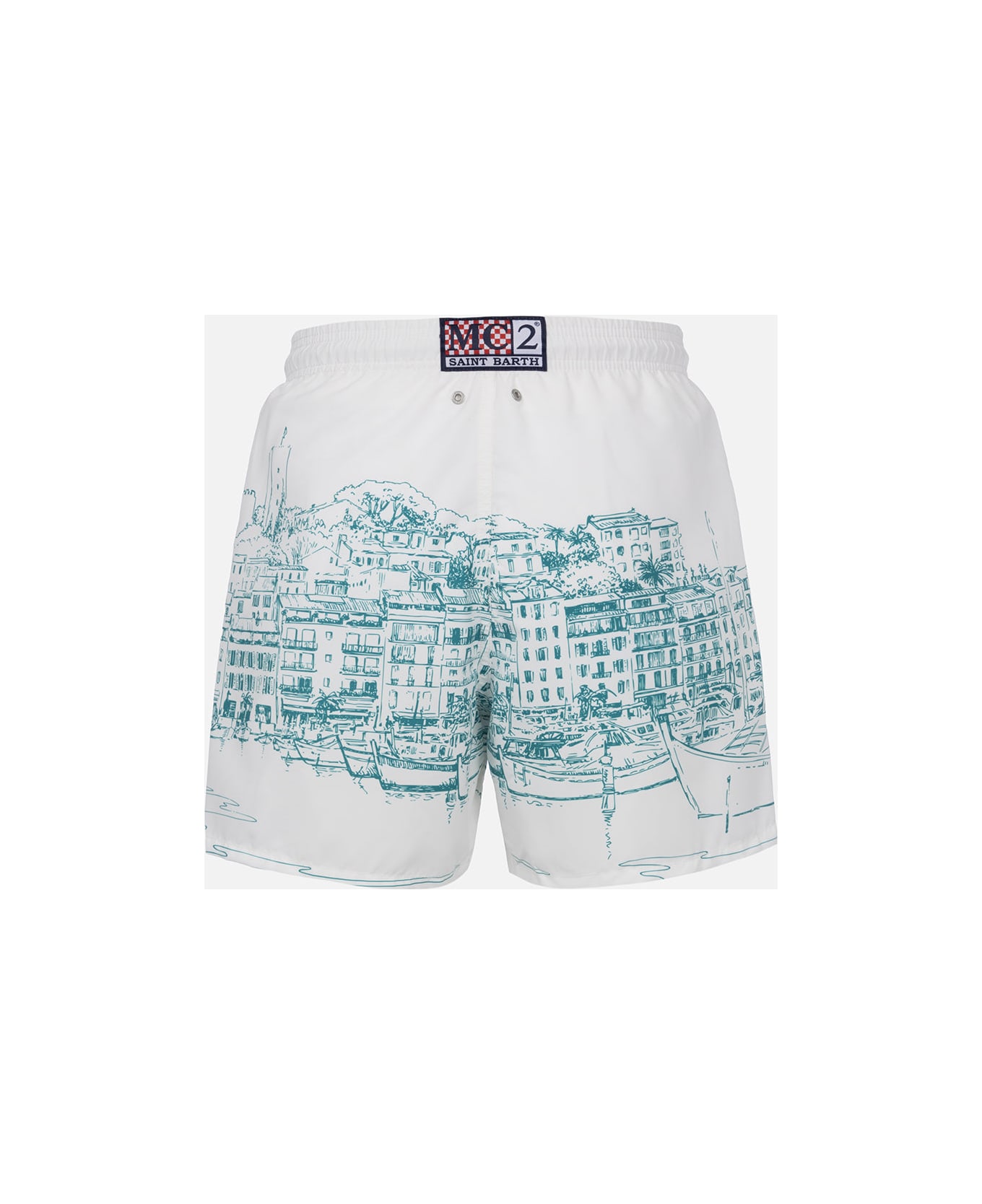 MC2 Saint Barth Man Mid-length Gustavia Swim-shorts With Cannes Placed Print - WHITE