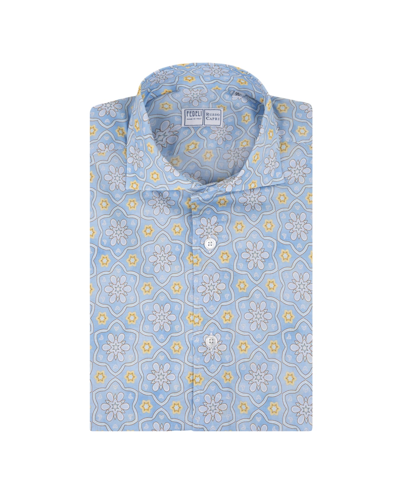 Fedeli Sean Shirt In Light Blue Flower Printed Panamino - Blue