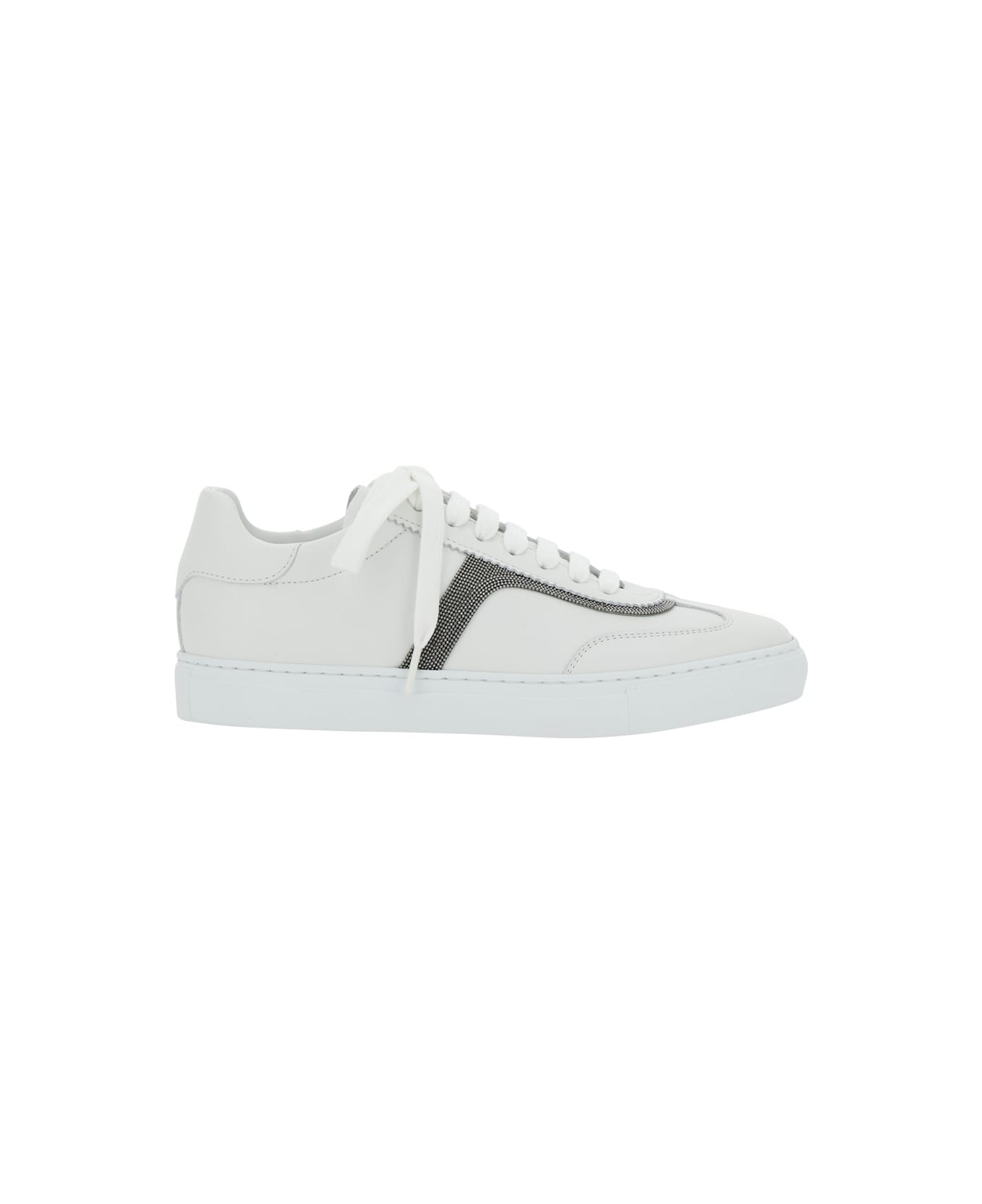 Brunello Cucinelli White Sneaker With Monili Chain Detail In Leather Woman - White