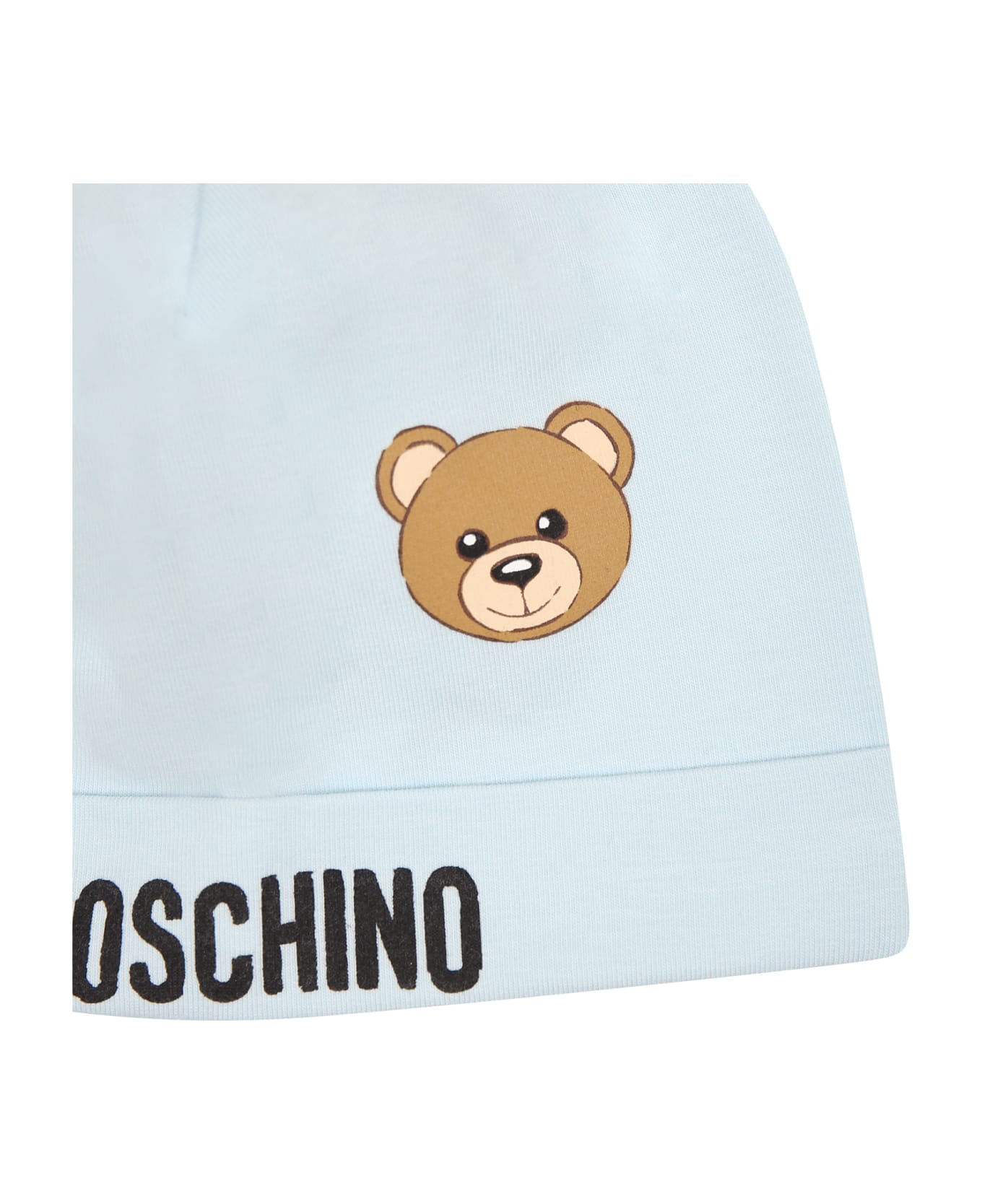Moschino Blue Baby Boy Hat With Logo And Teddy Bear - Light Blue