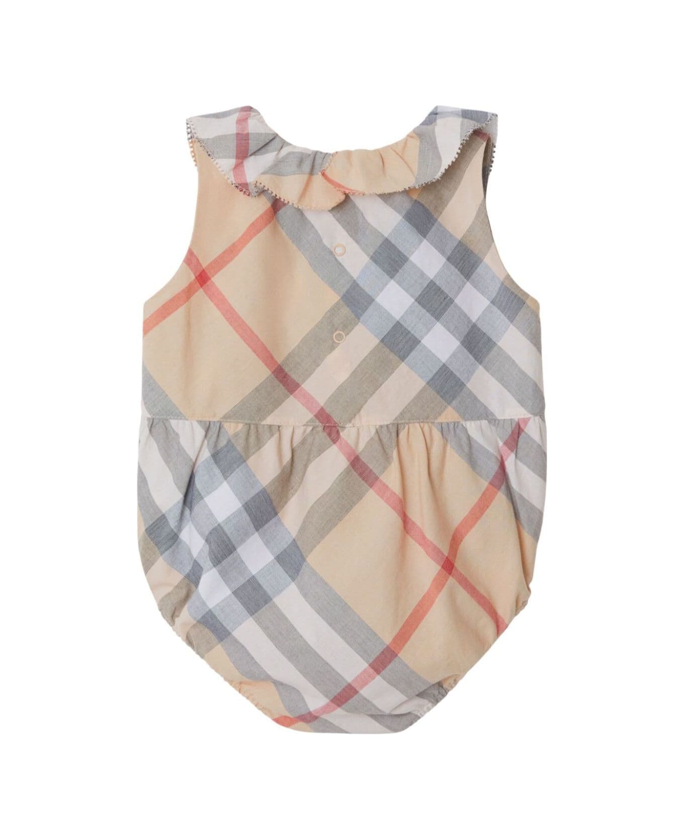 Burberry Beige Bodysuit With All-over Vintage Check Motif In Cotton Baby - Beige