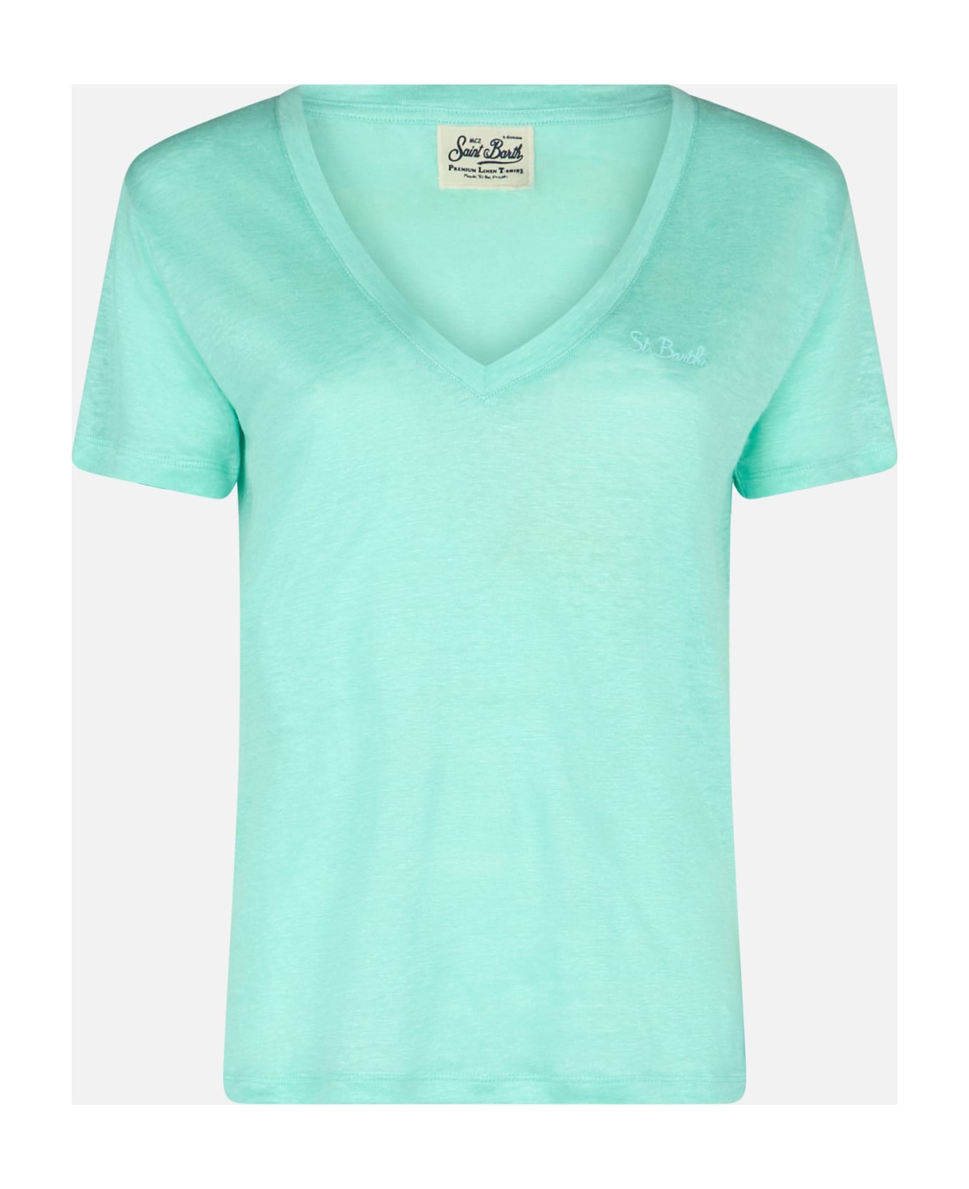 MC2 Saint Barth Woman Linen Jersey Sage Green V-neck T-shirt Eloise - GREEN