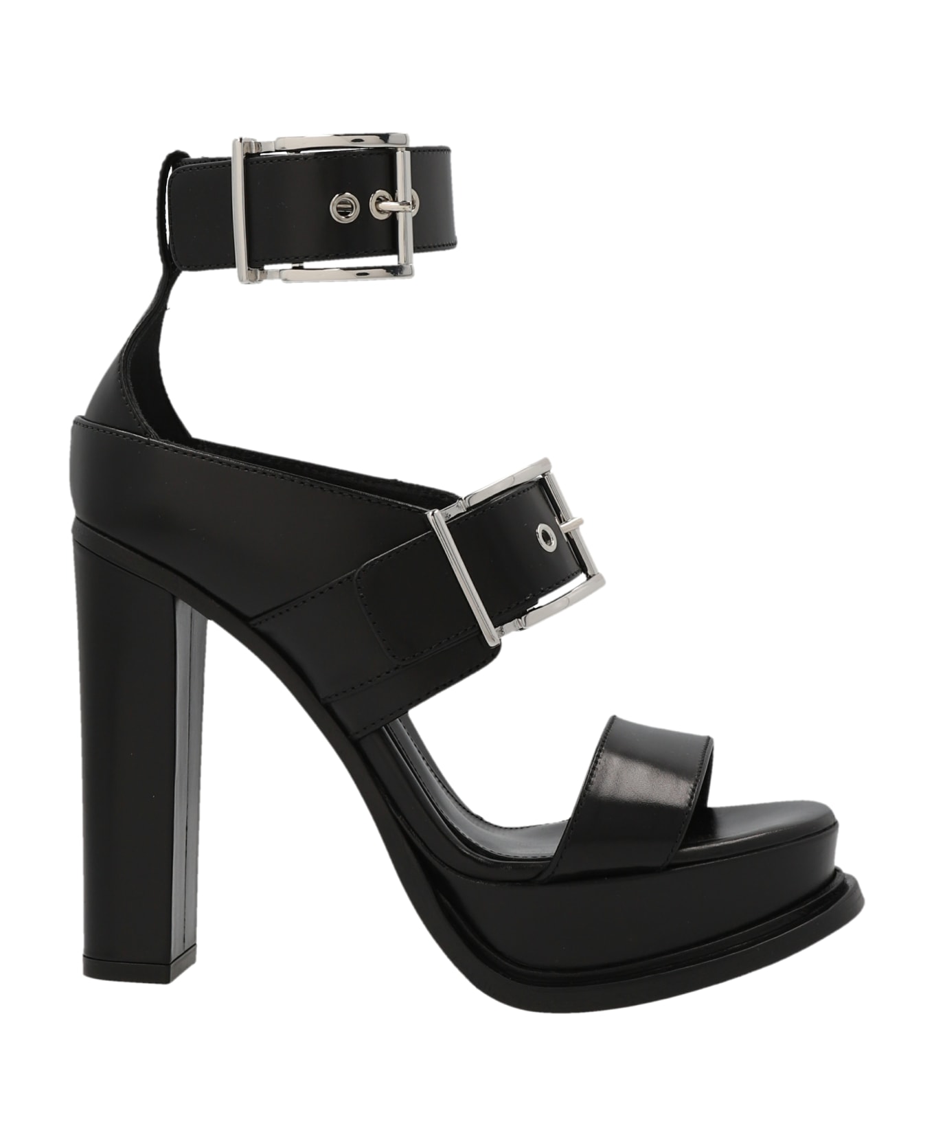 Alexander McQueen Platform Sandal With Buckles In Black And Silver - Black Silver