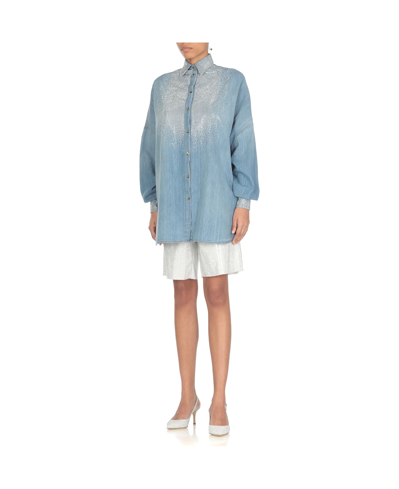 Ermanno Scervino Cotton Shirt With Strass - Light Blue