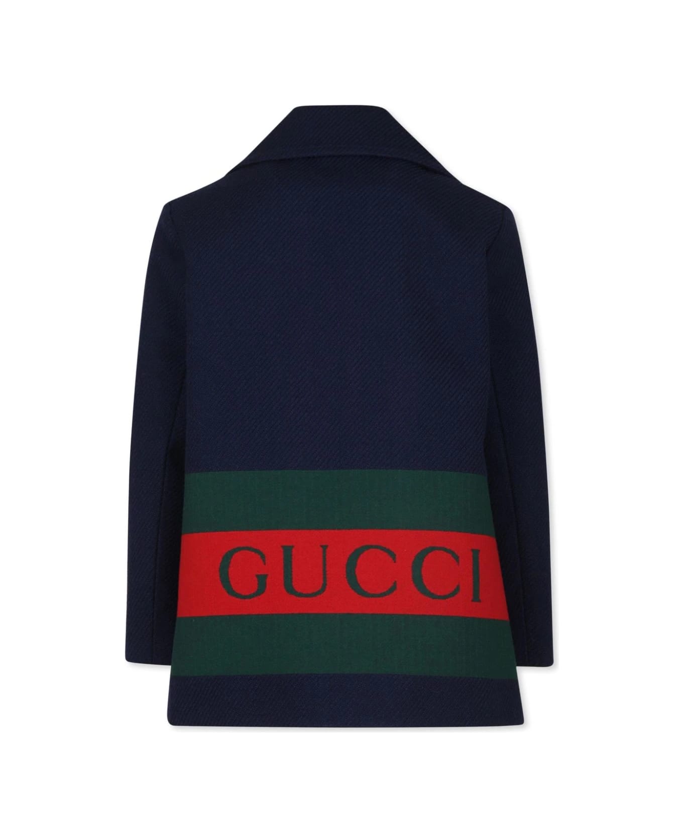 Gucci Dark Blue Coat With Back Gucci Web Print - Blue