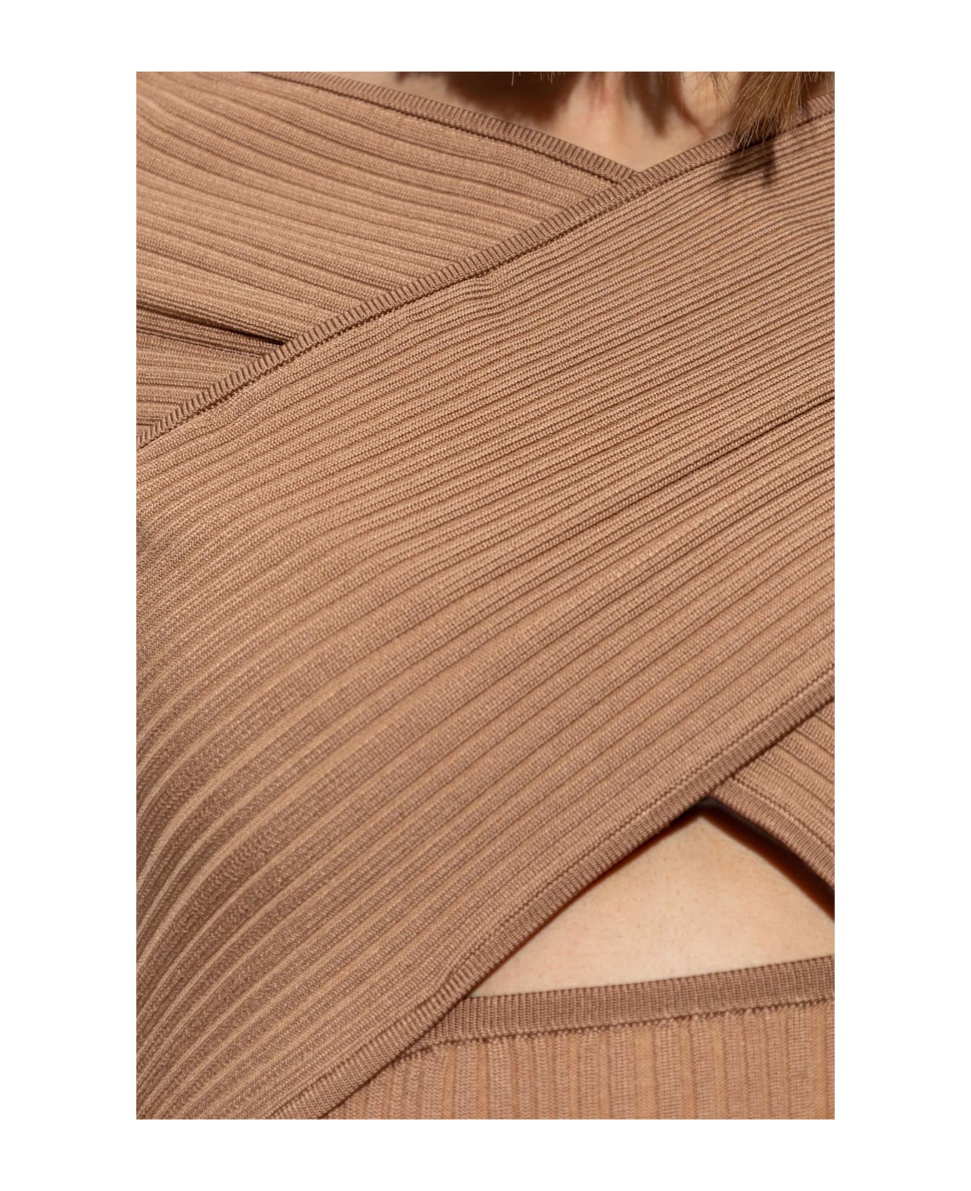 self-portrait Self Portrait Ribbed Top With Long Sleeves - Beige