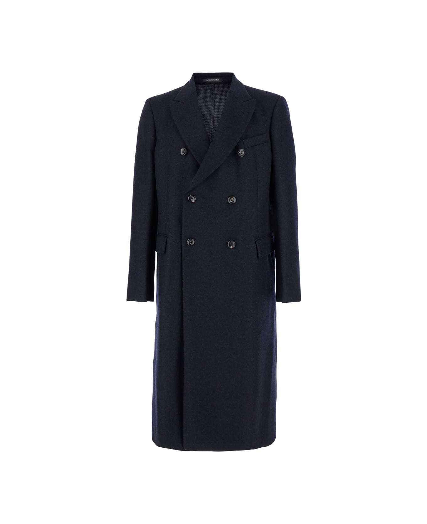 Emporio Armani Blue Double-breasted Long Coat With Peak Revers In Wool Man - Blu