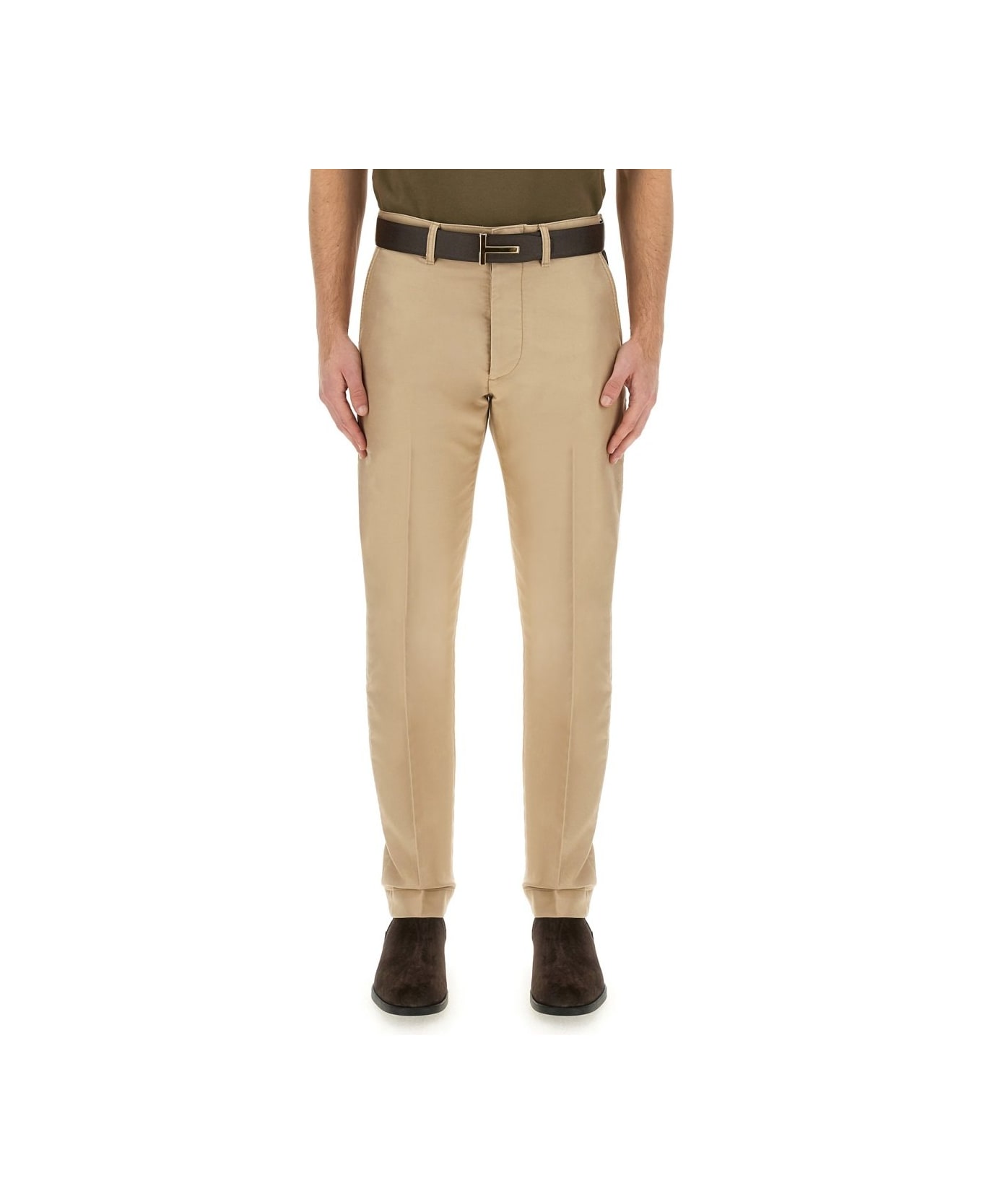 Tom Ford Logo Patch Straight-leg Tailored Trousers - BEIGE