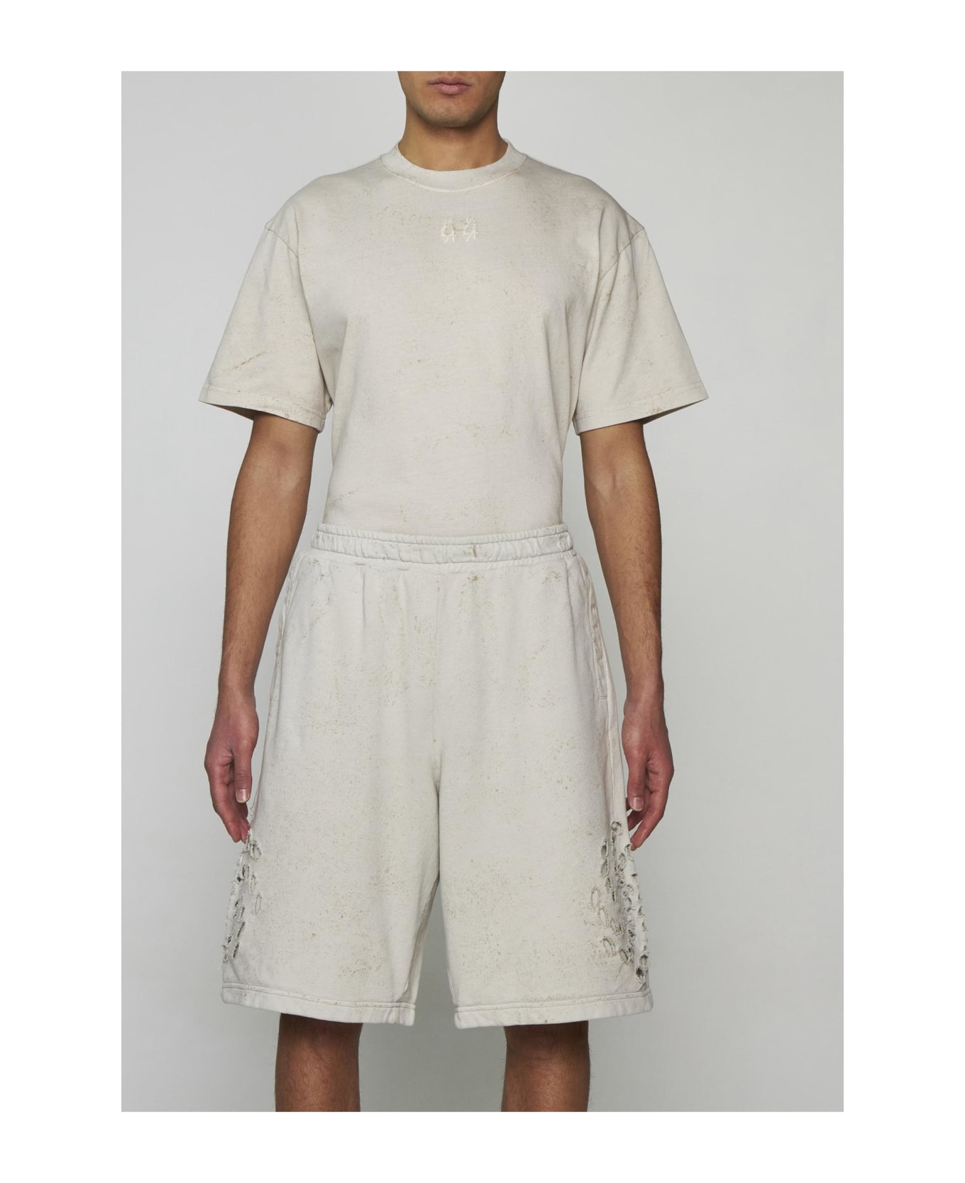 44 Label Group Holes Cotton Shorts - Dirty white+gyps