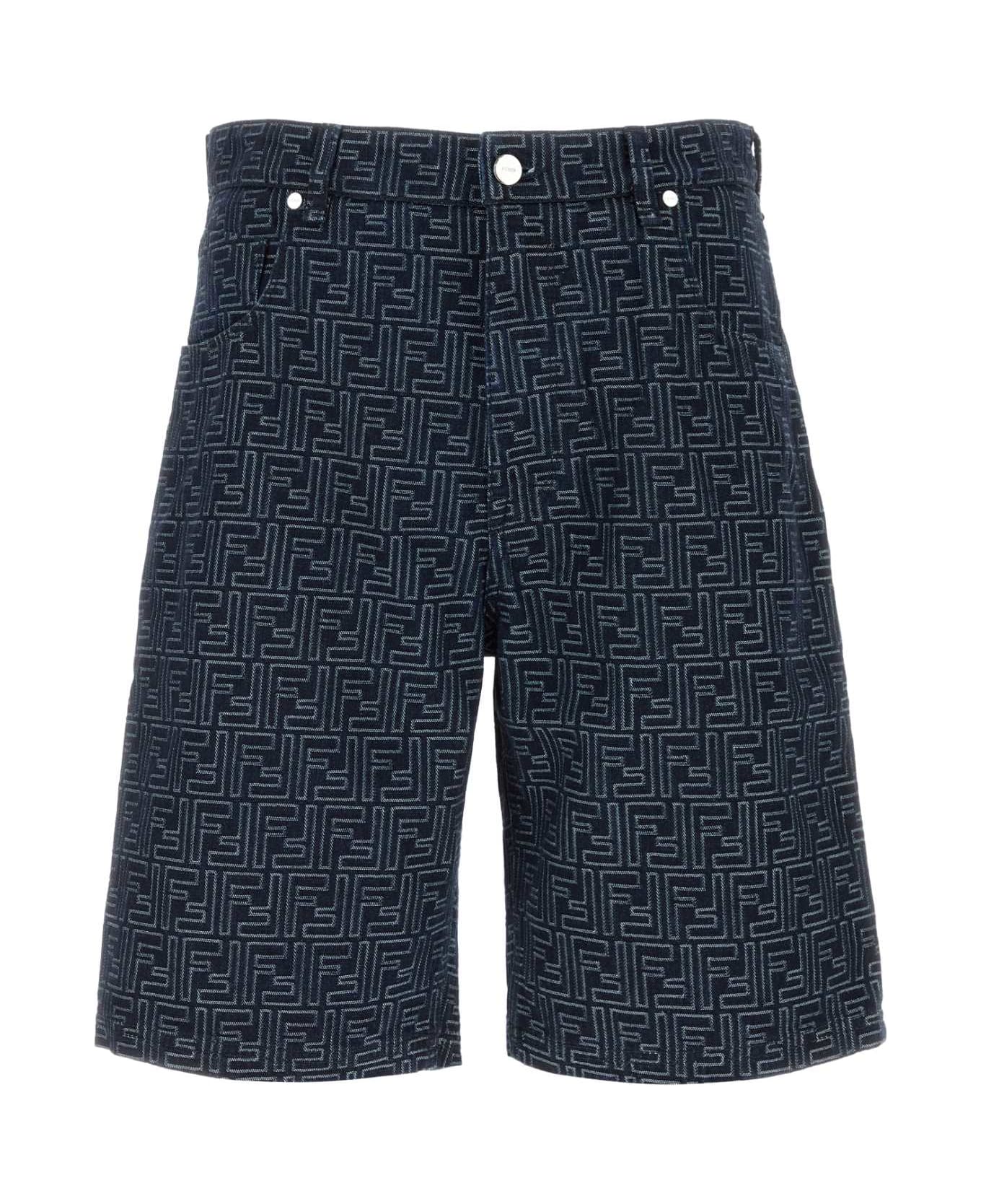 Fendi Embroidered Denim Bermuda Shorts - INDIGO