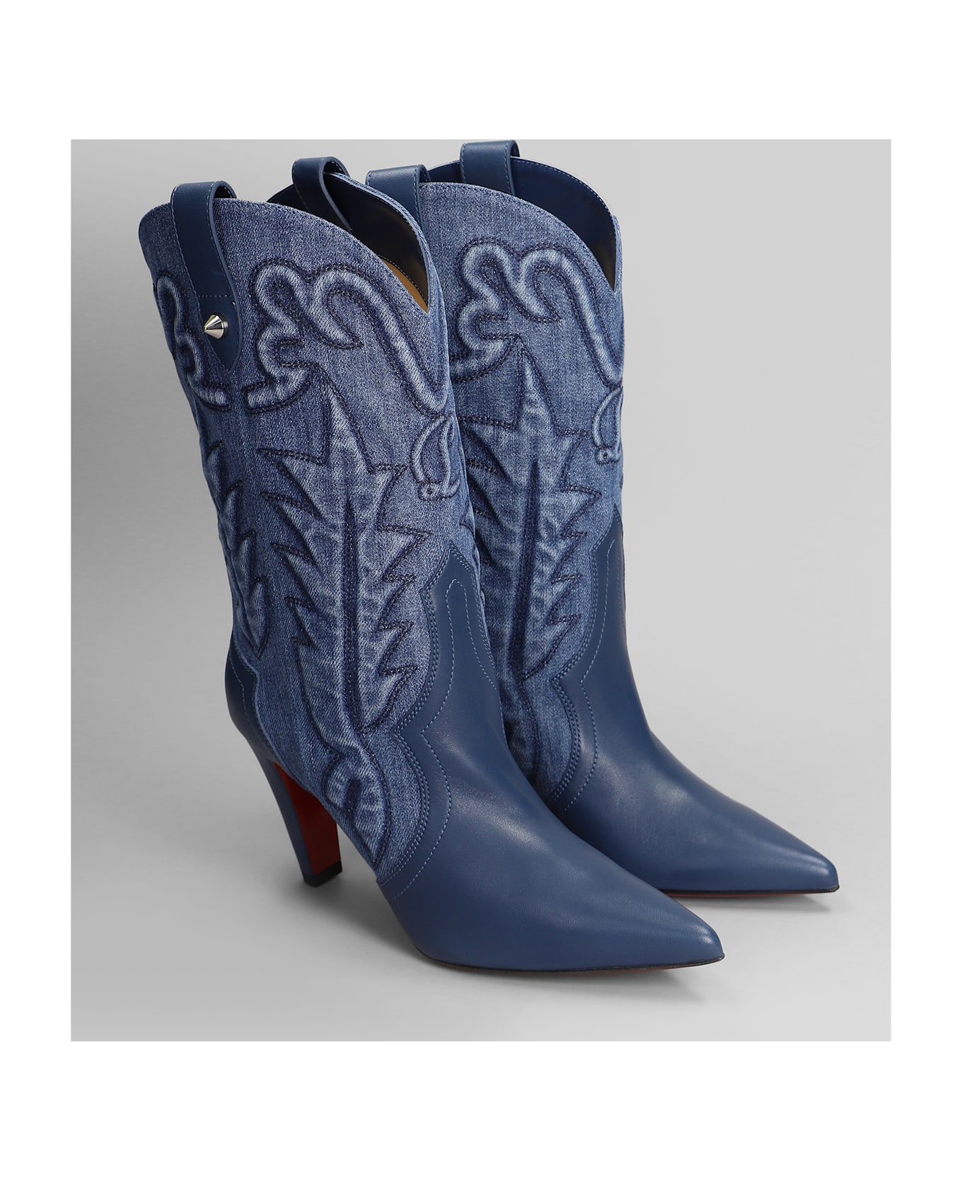 Christian Louboutin Santiabooty 85 Texan Ankle Boots In Blue Leather And Fabric - blue