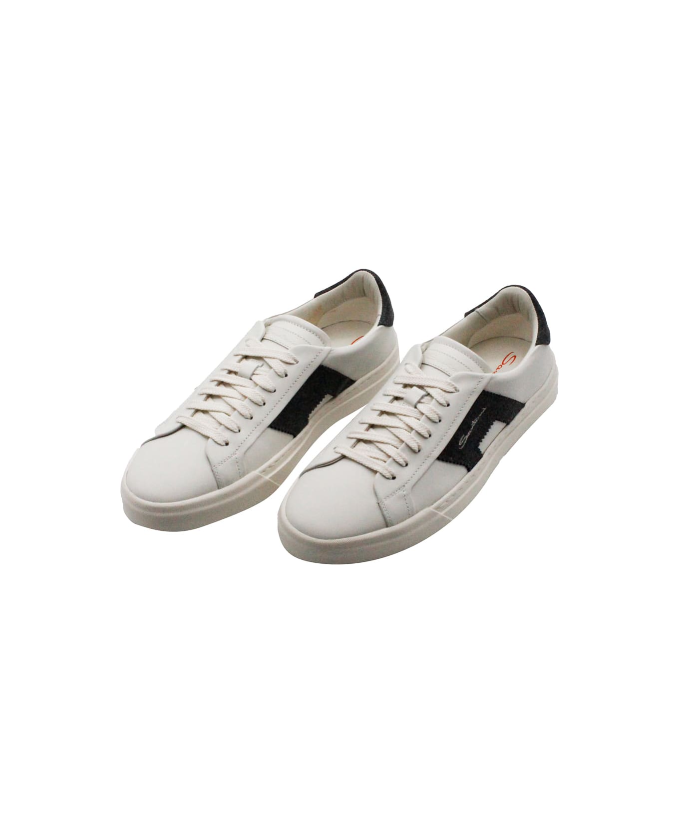 Santoni Sneaker In Soft Calfskin With Side And Back Inserts In Contrasting Color With Logo Lettering. Closing Laces - White