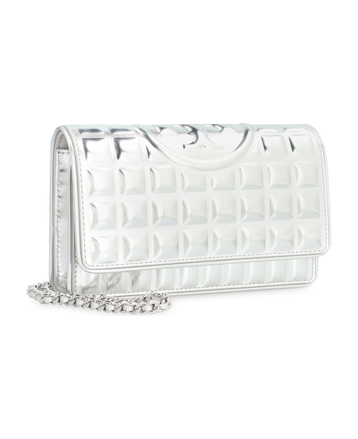 Tory Burch Fleming Leather Wallet On Chain - silver