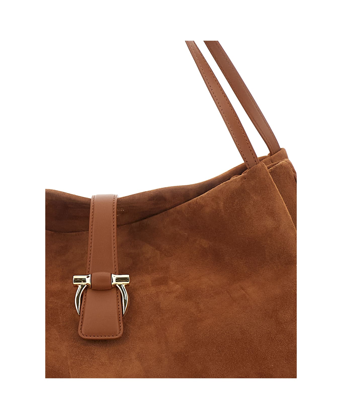 Ferragamo Brown Shoulder Bag With Two Top Handles And Gancini Plaque On The Front In Suede Woman - Brown