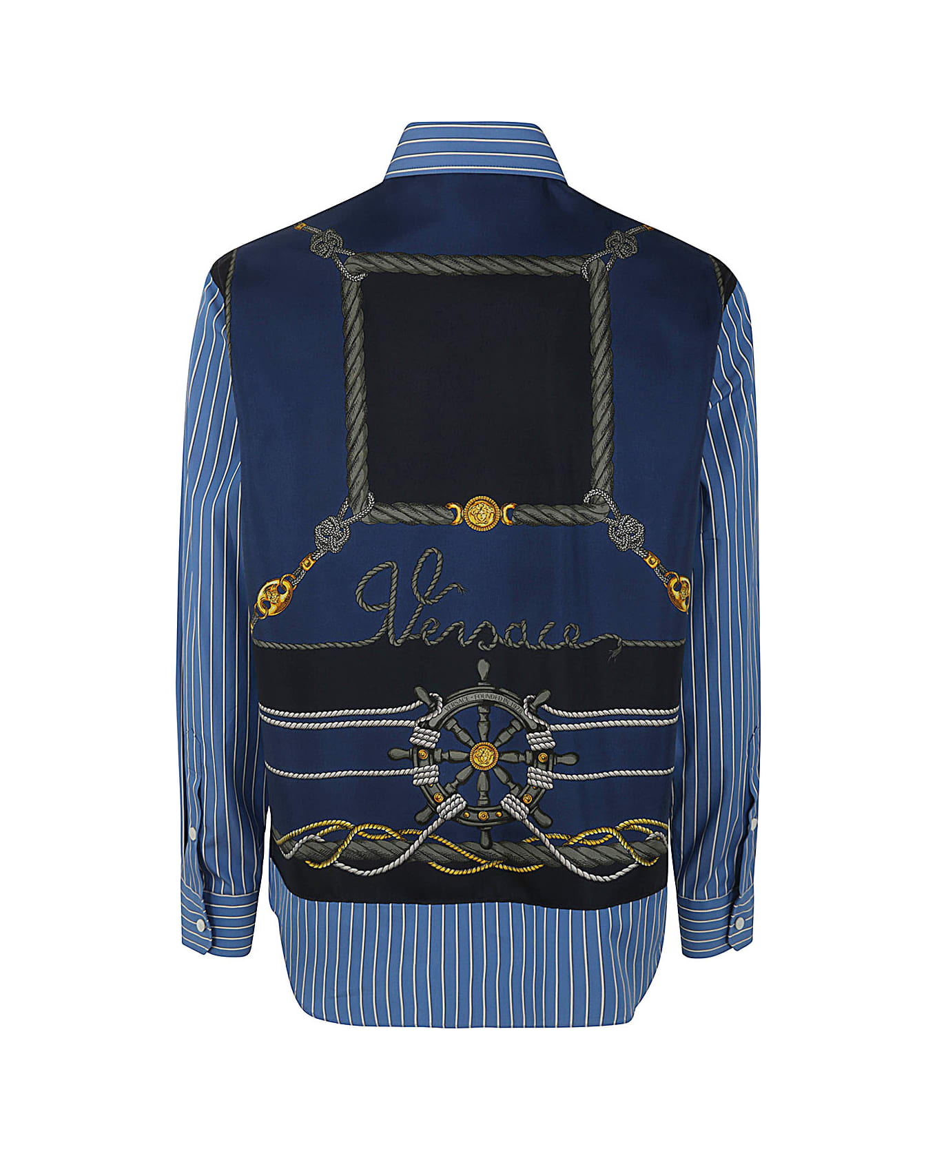 Versace Informal Shirt Striped Poplin Fabric Printed Inserts - Blue Gold