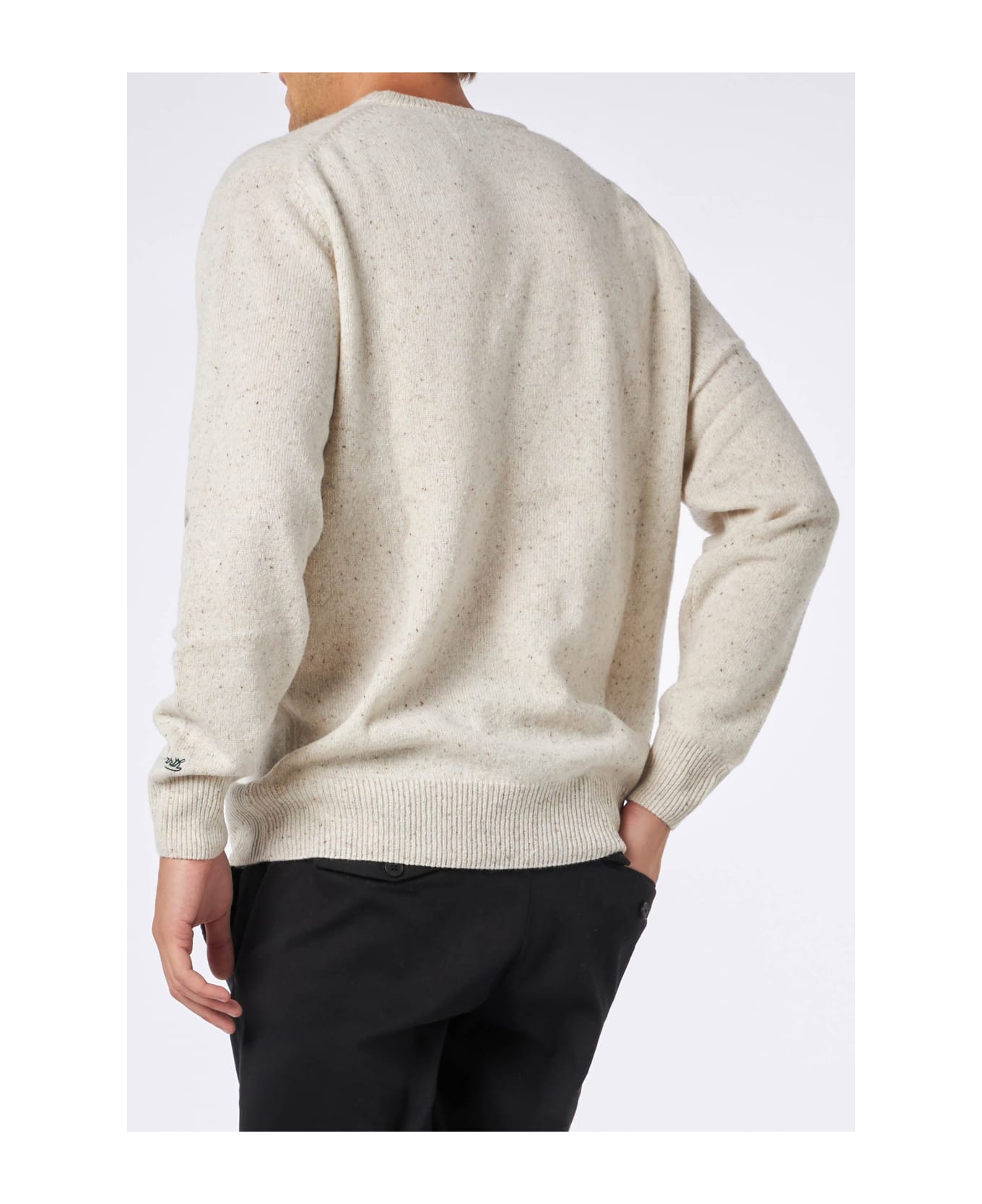 MC2 Saint Barth Man Crewneck Donegal Sweater With St. Moritz Polo Print - WHITE