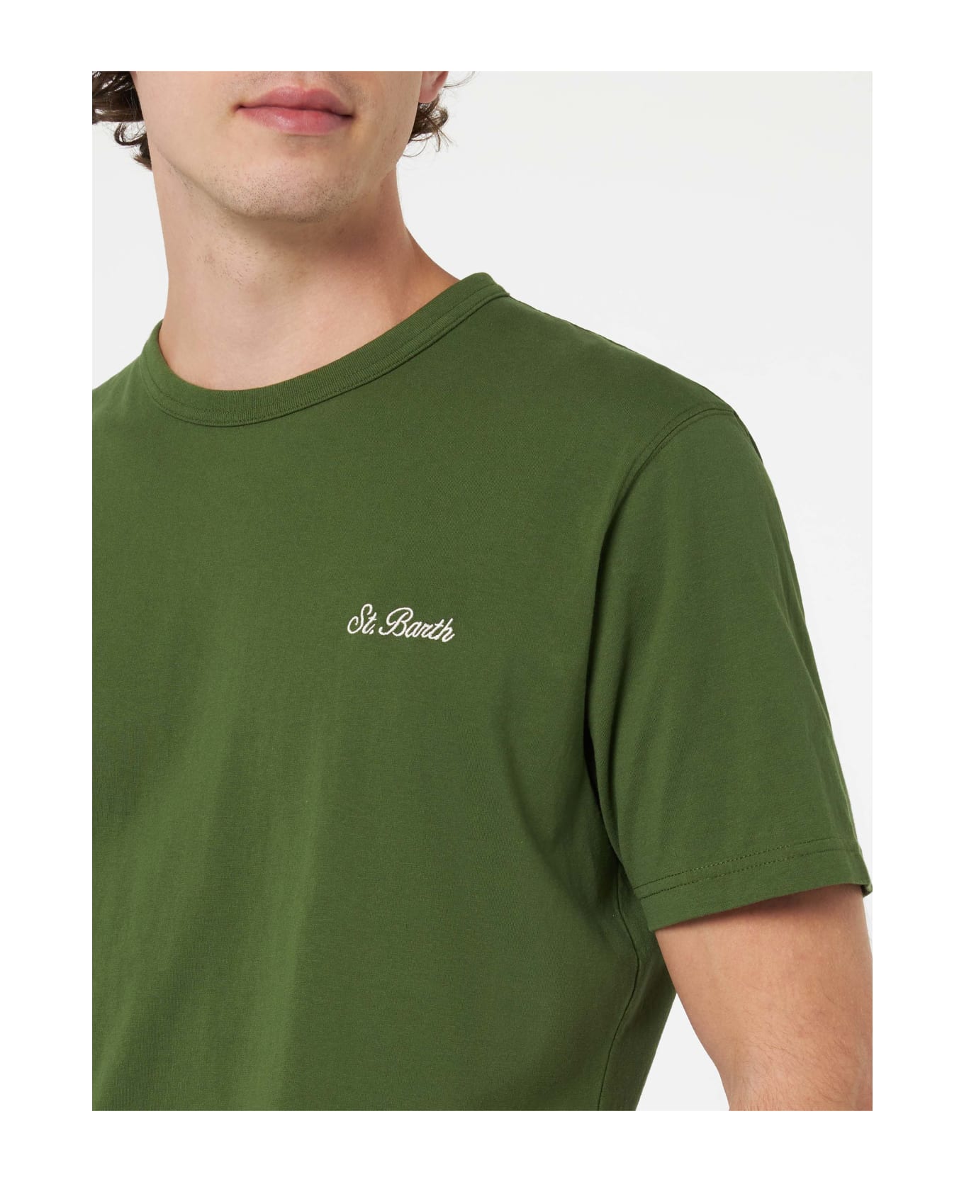 MC2 Saint Barth Man Military Green Cotton Jersey T-shirt Dover With St. Barth Embroidery - GREEN