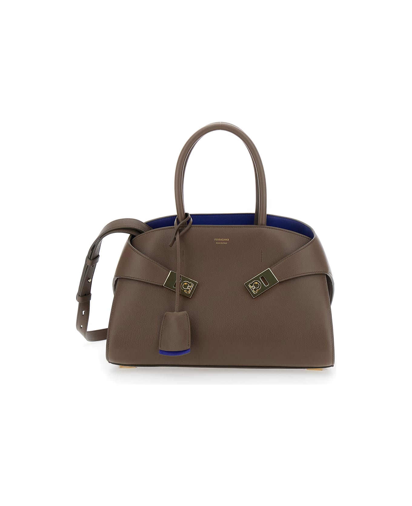Ferragamo 'hug S' Brown Handbag With Logo And Gancini Buckle In Leather Woman - Brown