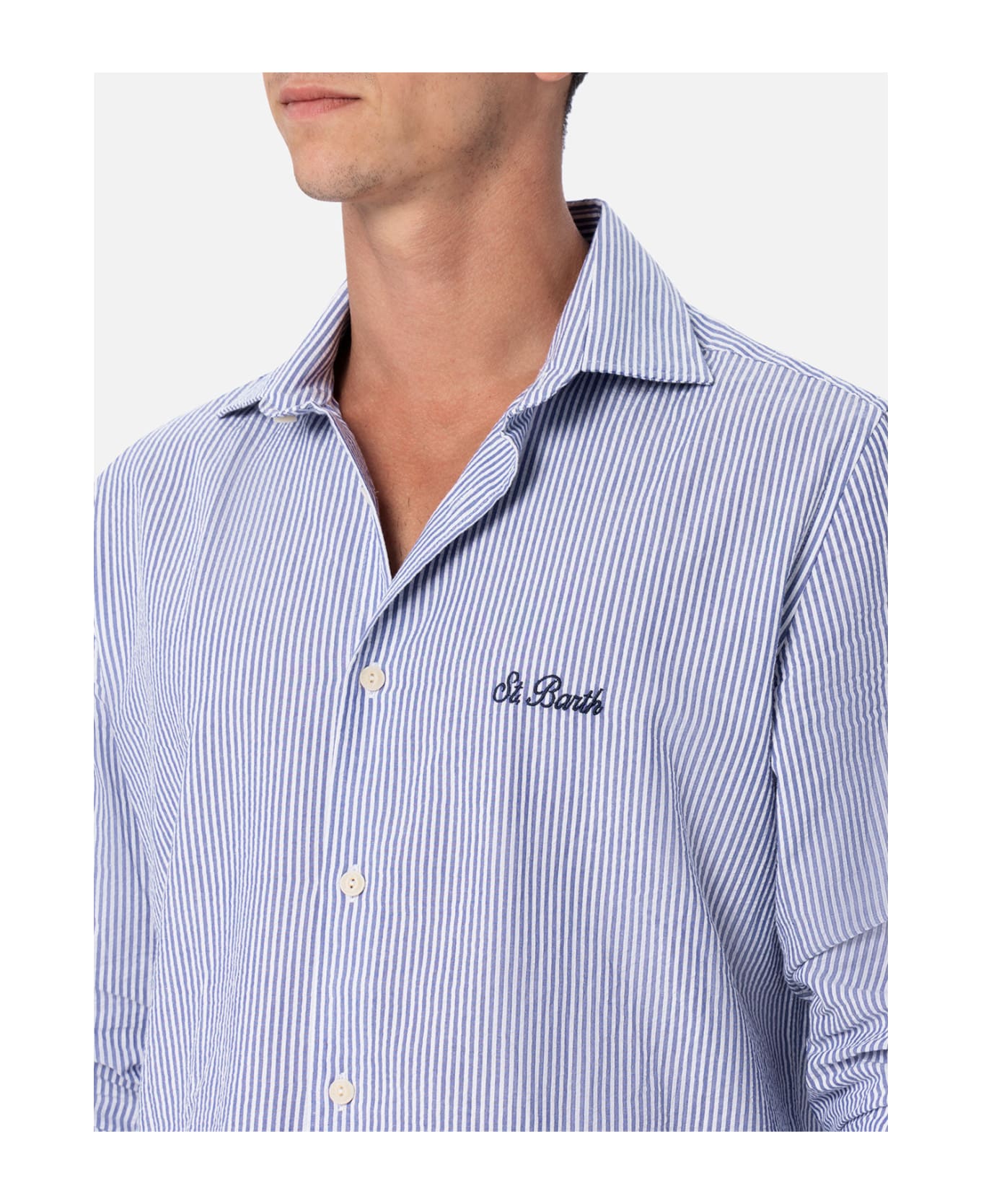 MC2 Saint Barth Man Seersucker Cotton Shirt Pamplona With Bluette Stripes - SKY