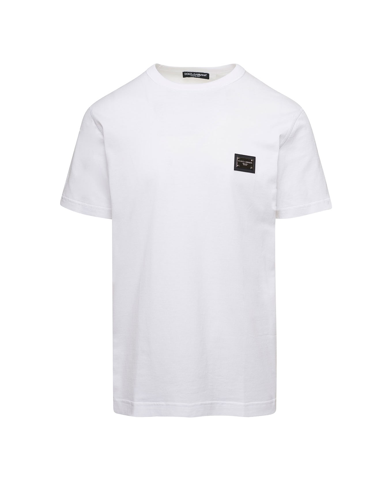 Dolce & Gabbana White Crewneck T-shirt With Logo Plate In Cotton Man - White