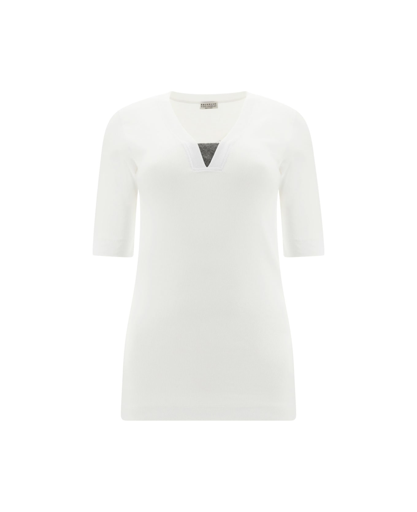 Brunello Cucinelli Front Insert Detailed Slim Fit Top - Bianco Tシャツ