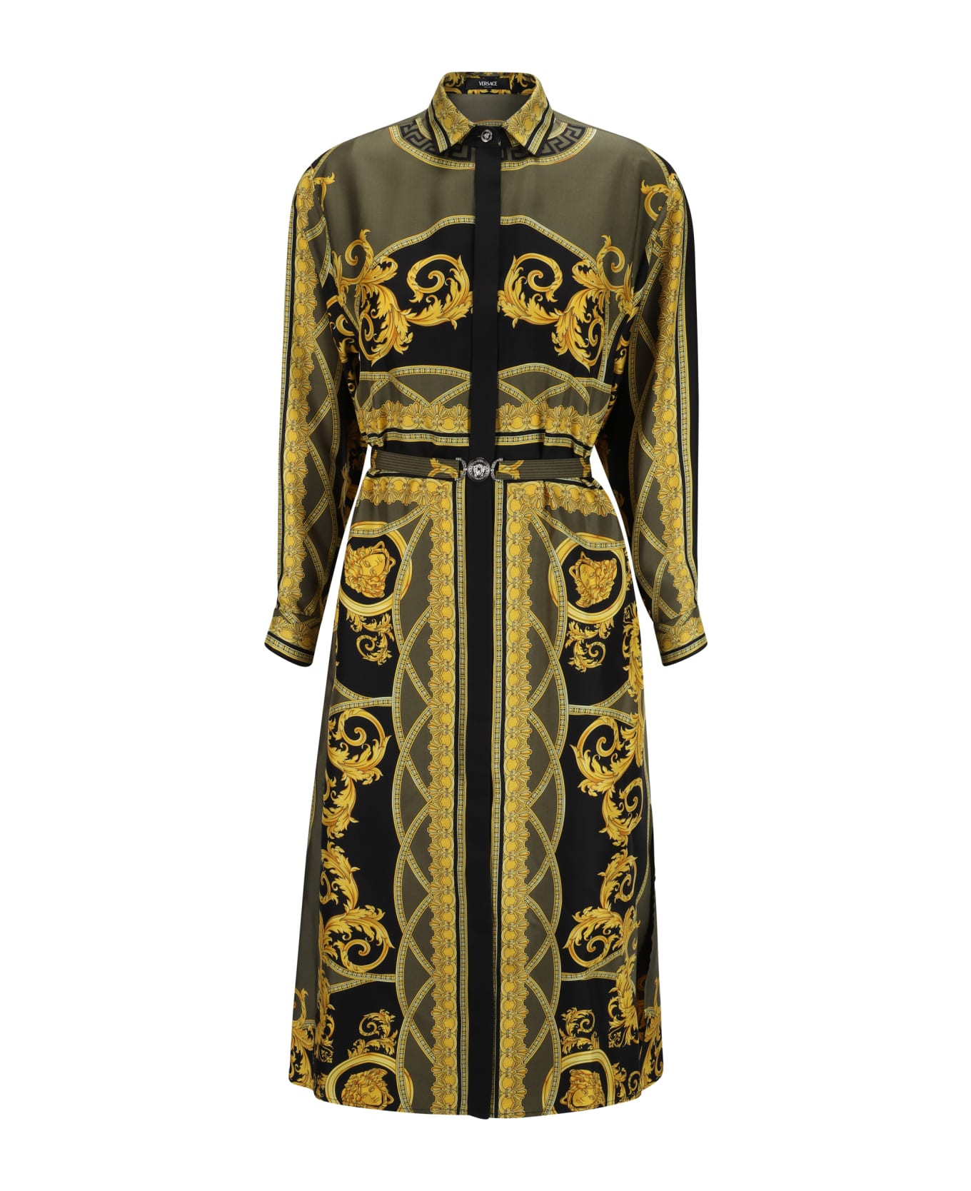 Versace Printed Shirtdress - Black+dark Olive+gold