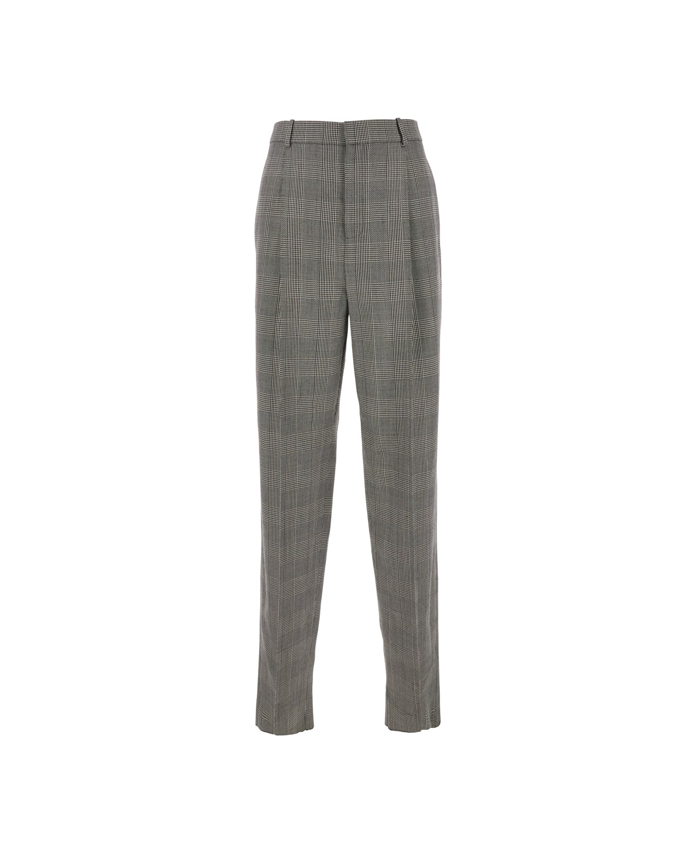 Saint Laurent Grey High Waisted Pants With All-over Prince Of Wales Motif In Wool Man - Grey