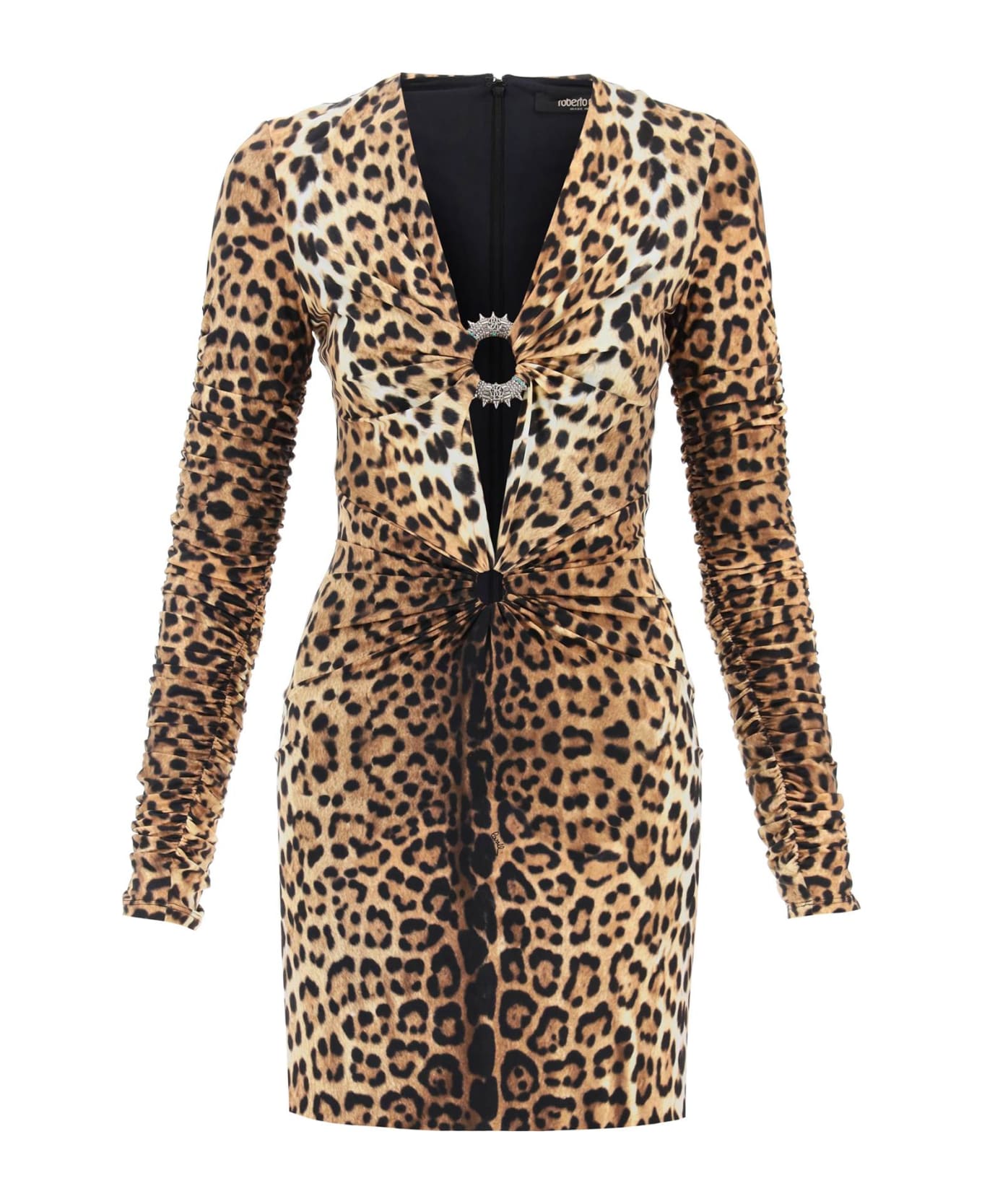 Roberto Cavalli Mini Dress With Leopard Print And Cut-out - Brown