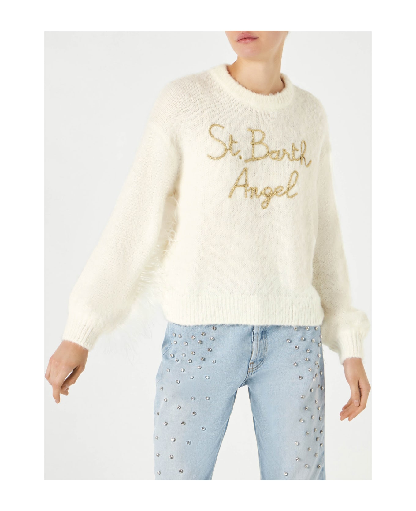 MC2 Saint Barth Woman White Brushed Crewneck Sweater With Fringes