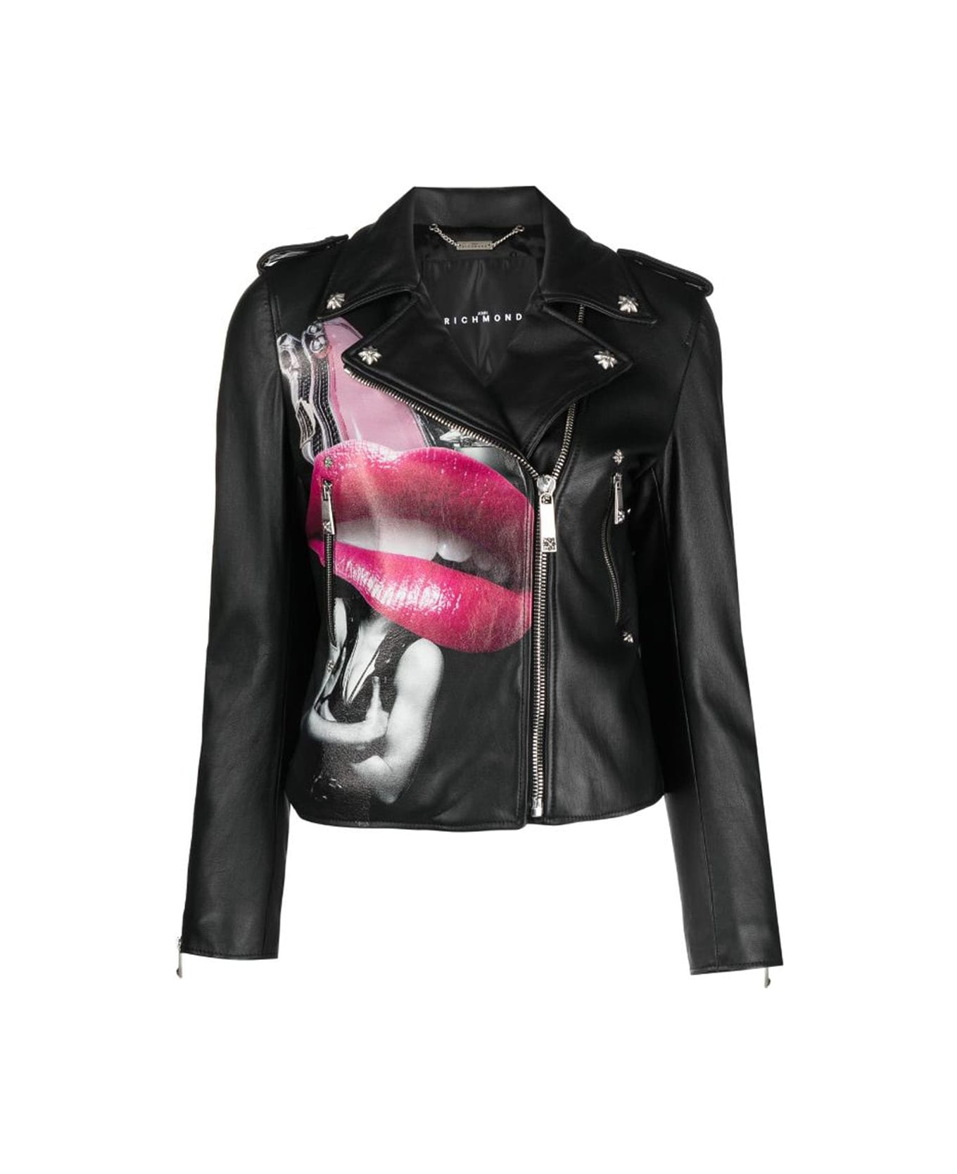 John Richmond 100% Leather Jacket With Heat Pressed Print. Decentralised Fastener By Contrasting Zip. - Nero
