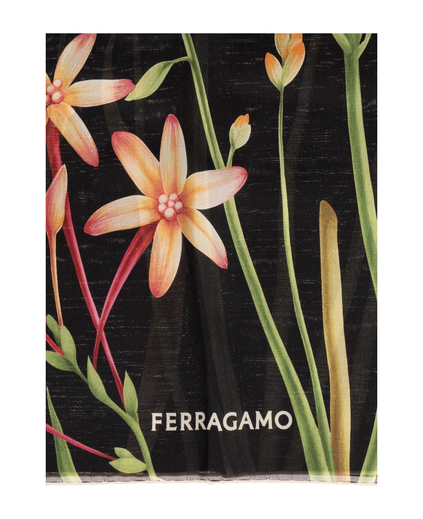 Ferragamo Stem Printed Chiffon Scarf - Black スカーフ＆ストール
