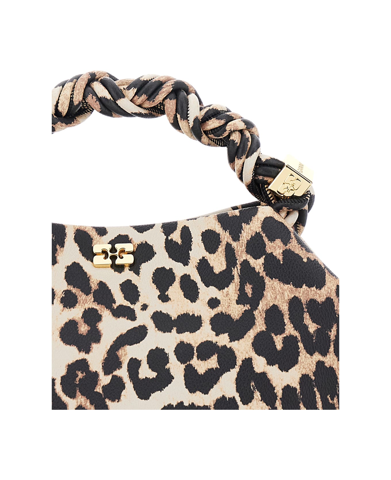 Ganni 'bou' Brown Small Handbag With Braided Handle And All-over Leopard Motif In Fabric Woman - Brown