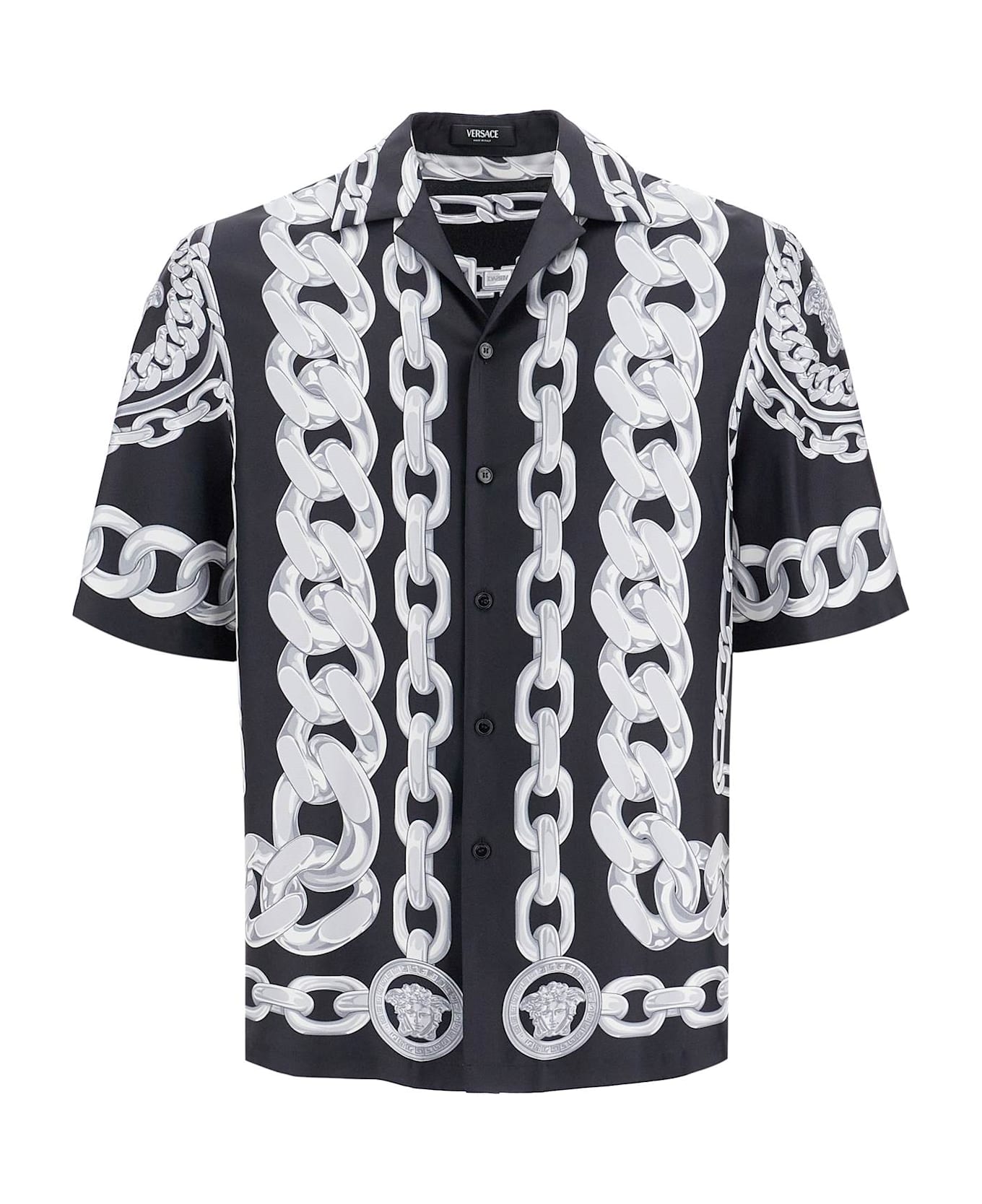 Versace 'printed Silk Medusa Chains Bowling Shirt - Black+silver シャツ
