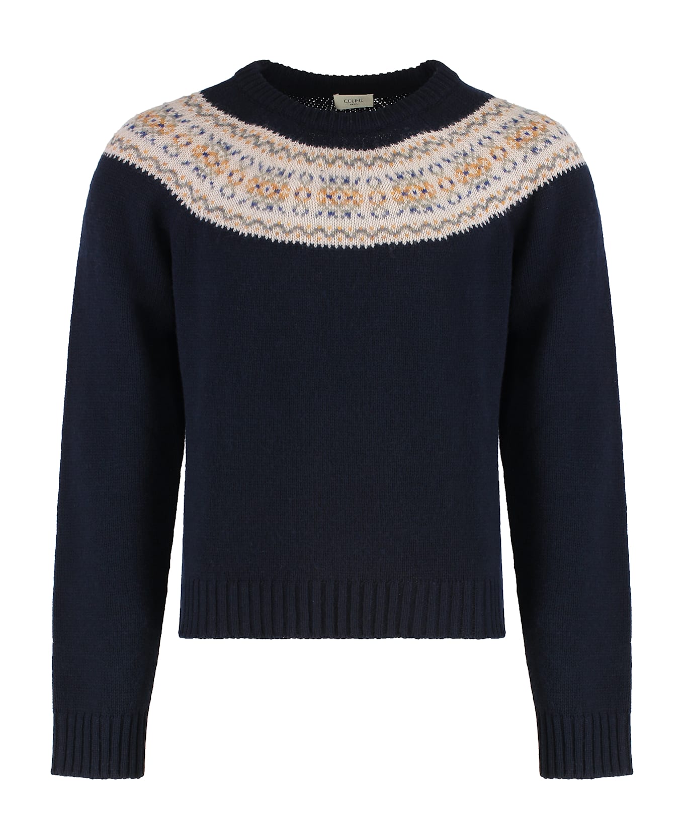 Celine Crew Neck Sweater In Fair Isle Wool Triomphe - black