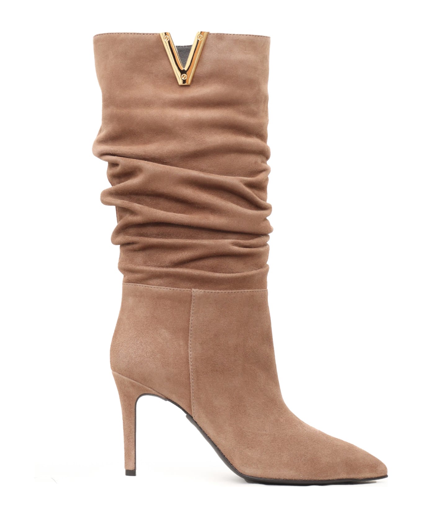 Via Roma 15 Golden V + Stiletto Heel Boots - BEIGE