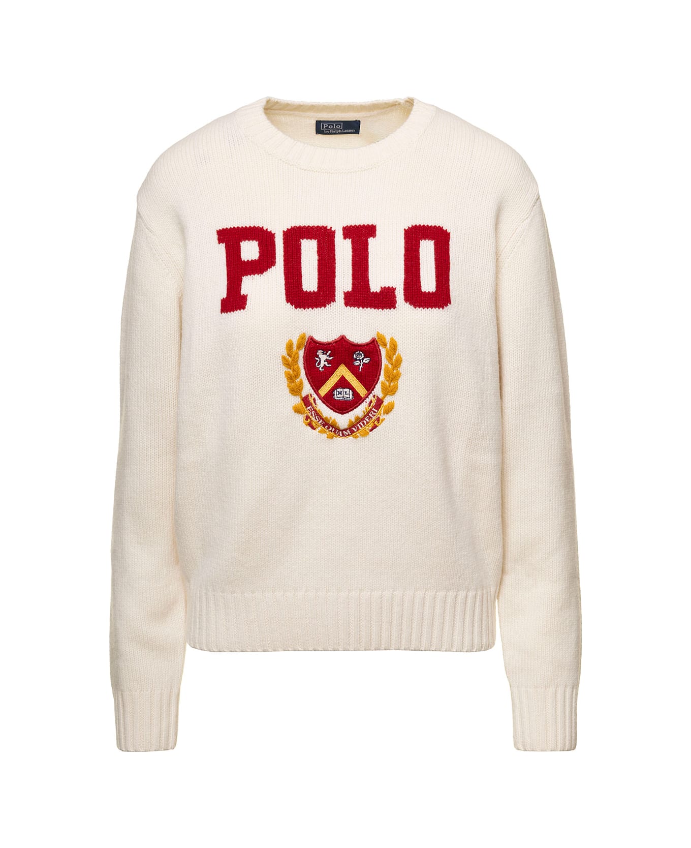 Polo Ralph Lauren White Crewneck Sweater With Jacquard Logo In Wool Woman - White