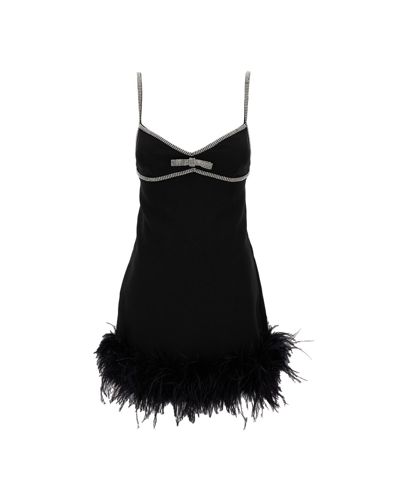 self-portrait Mini Black Dress With Bow Detail And Feathers Trim In Tech Fabric Woman - Black