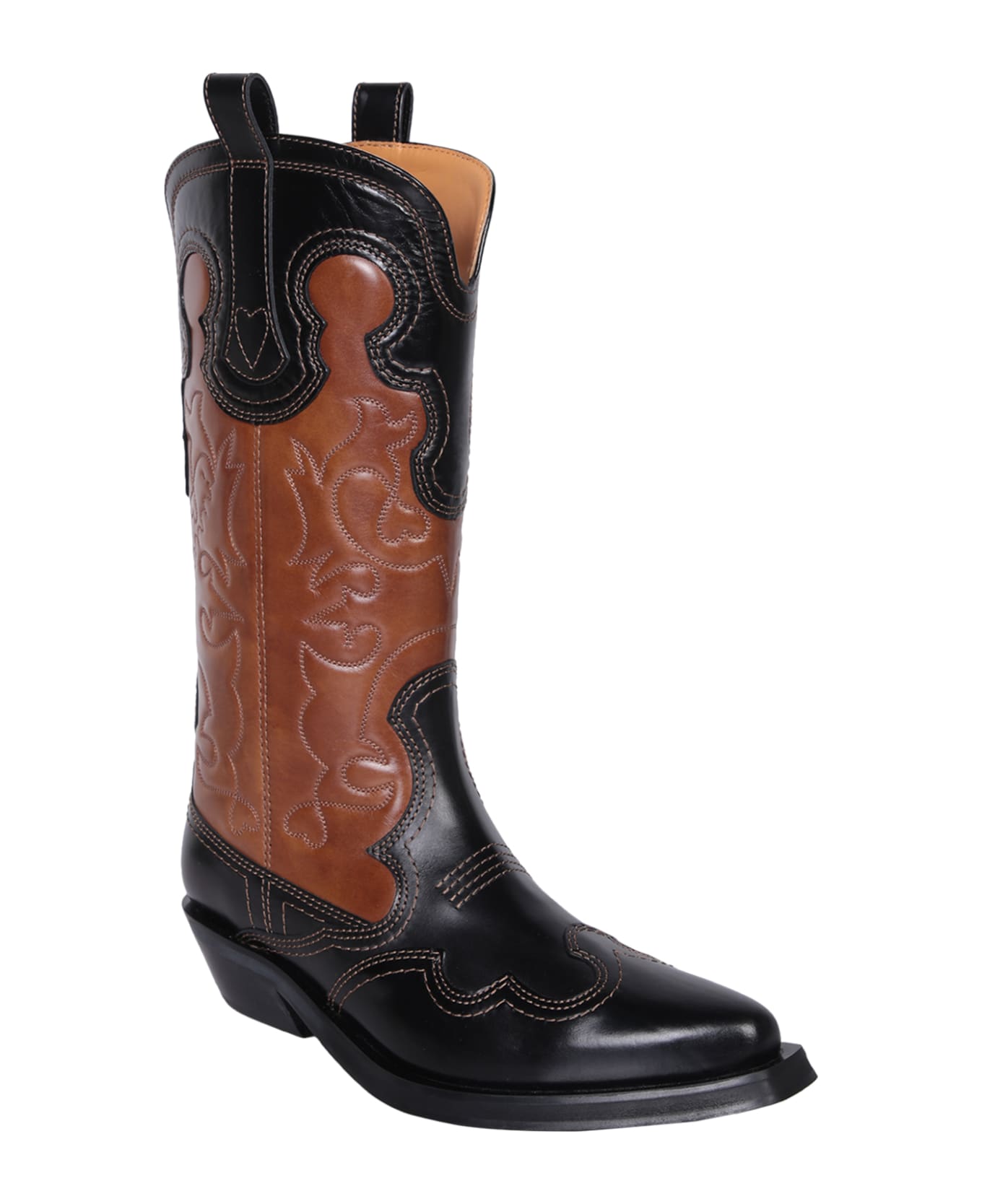 Ganni Mid Shaft Embroidered Western Boot Bicol Blck - Black