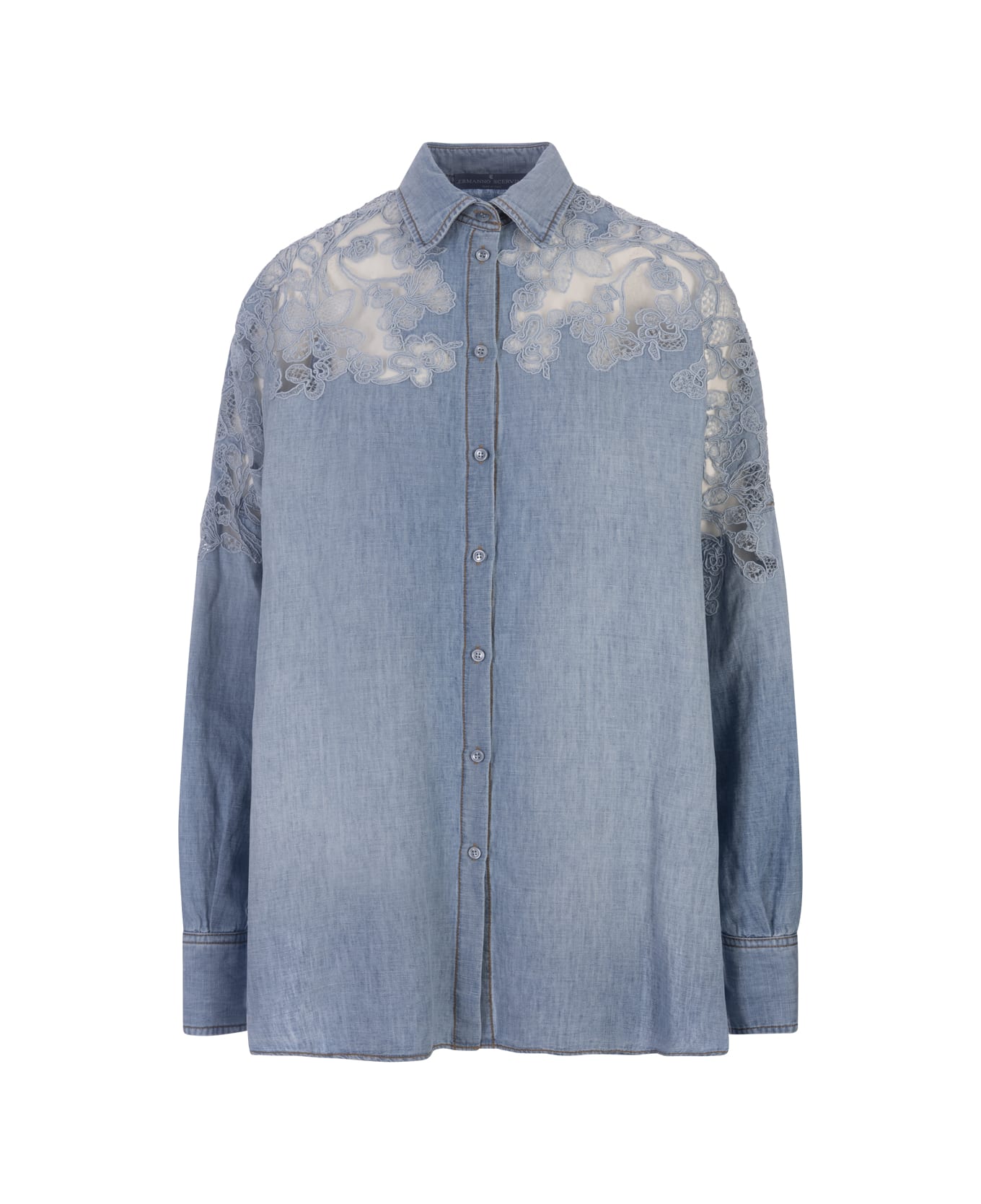 Ermanno Scervino Blue Linen And Cotton Over Shirt With Lace - Blue