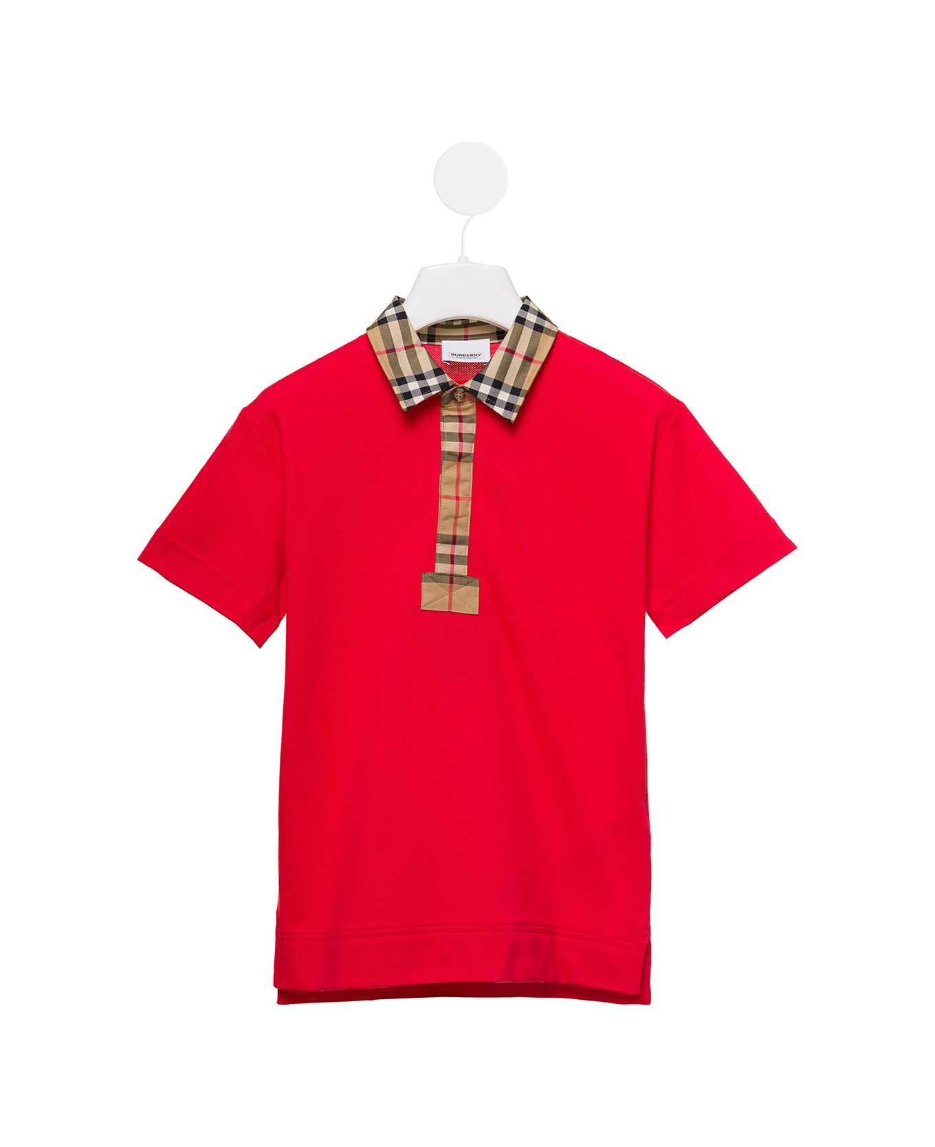 Burberry Red Polo With Vintage Check Print On Collar And Flap In Cotton Boy Burberry Kids - Red