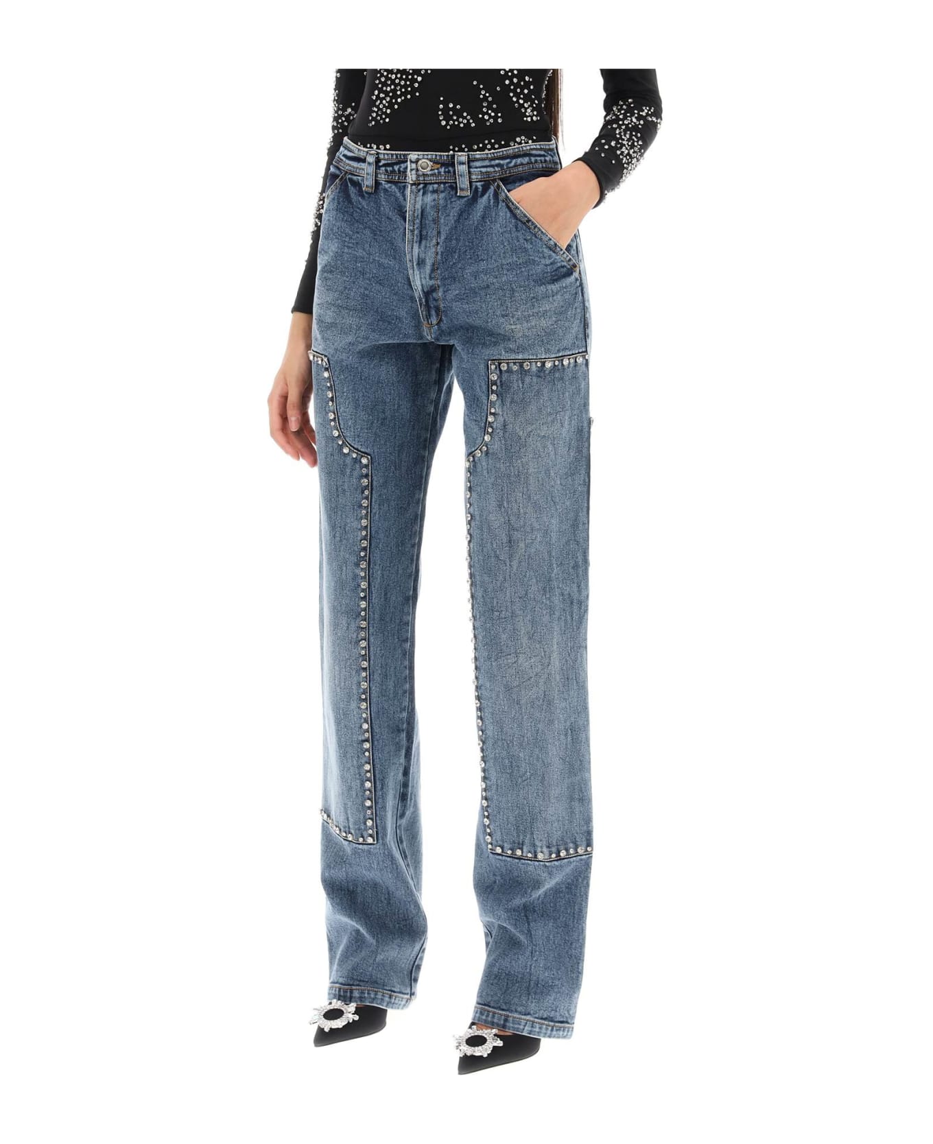 Des Phemmes Straight Cut Jeans With Rhinestones - BLUE (Blue) デニム