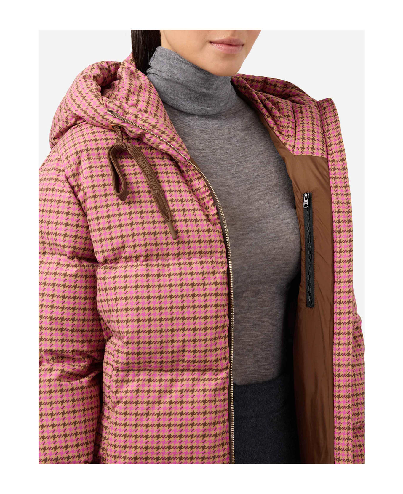 MC2 Saint Barth Hooded Down Padded Jacket Geneve With Pied De Poul Print - PINK