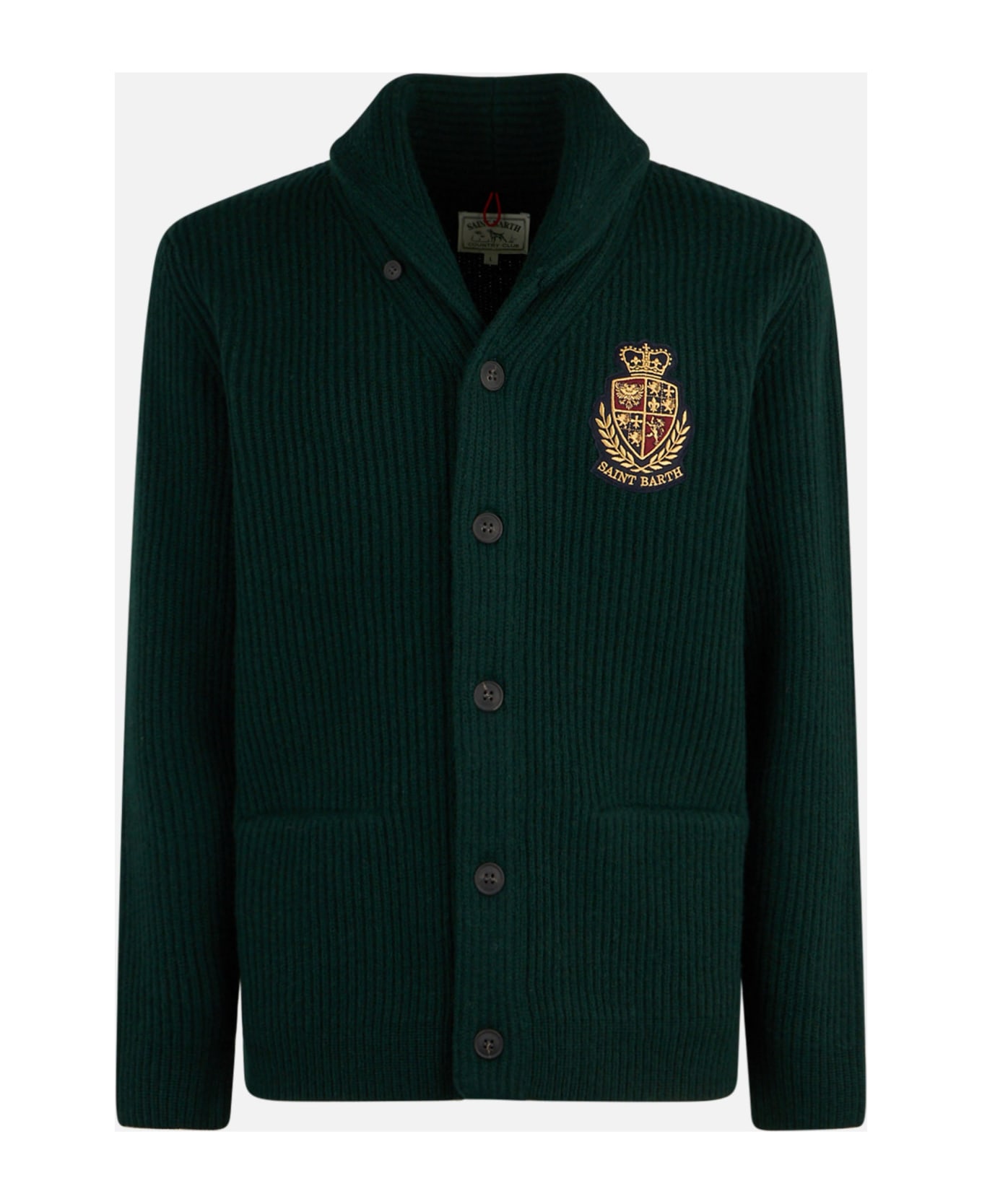 MC2 Saint Barth Man Shawl Collar Green Ribbed Cardigan With Pockets And Patch - GREEN