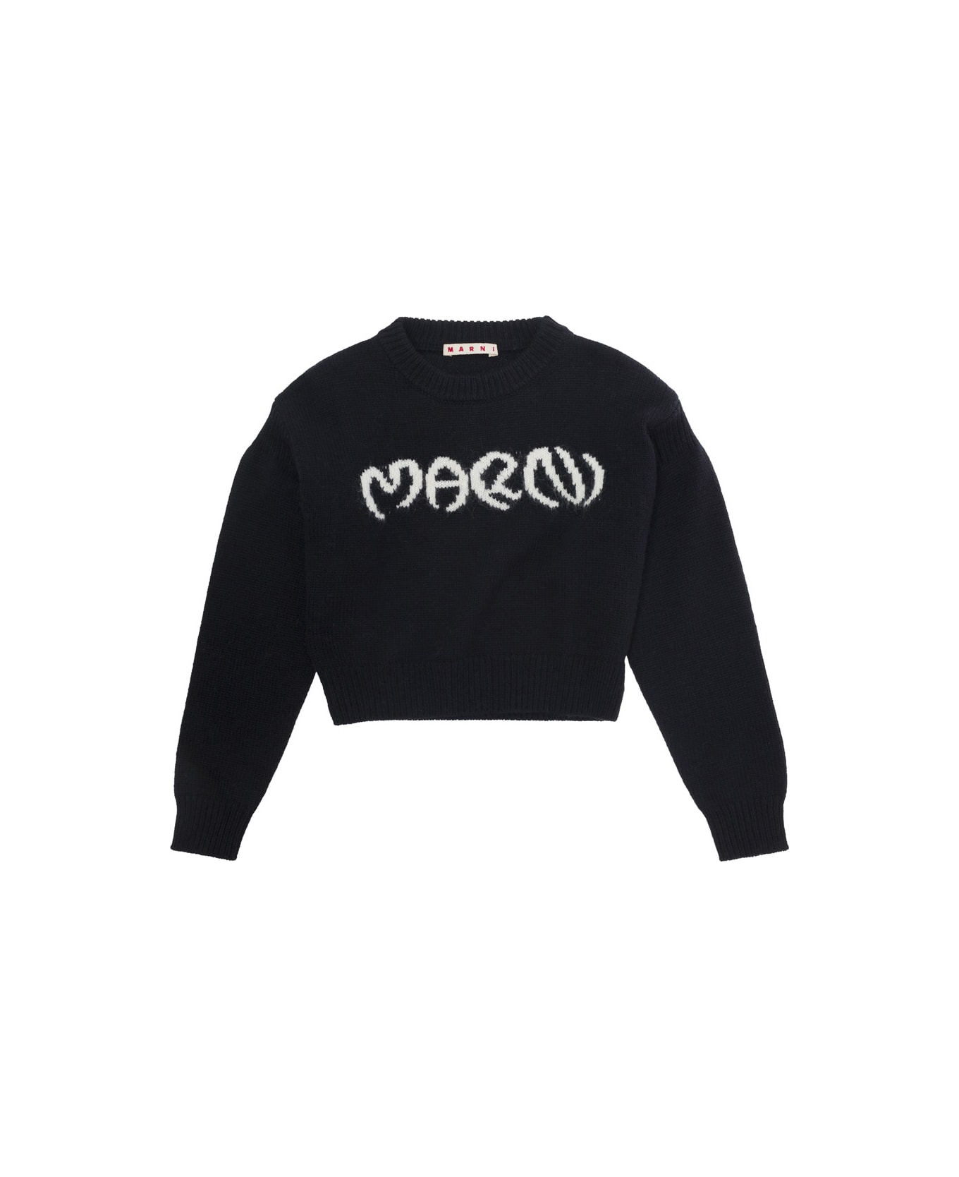 Marni Black Cropped Sweater With Jacquard Logo In Wool Blend Girl - Black