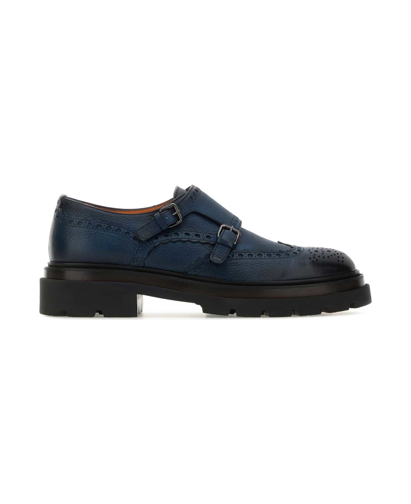 Santoni Blue Leather Mock Strap Shoes - BLUE