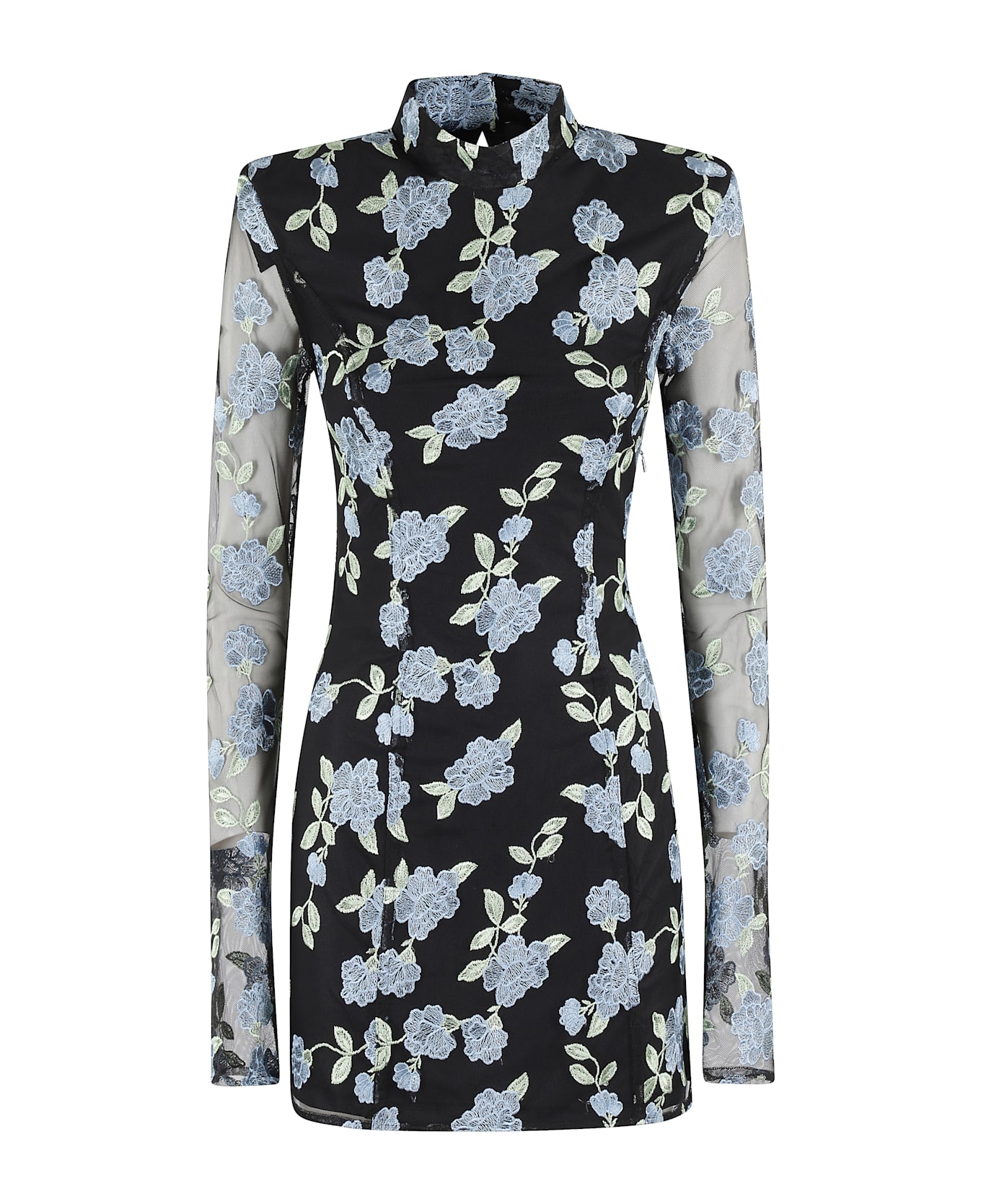 Rotate by Birger Christensen Mini Dress With Semi Sheer Sleeves And All-over Floral Motif In Tech Fabric - Black Comb