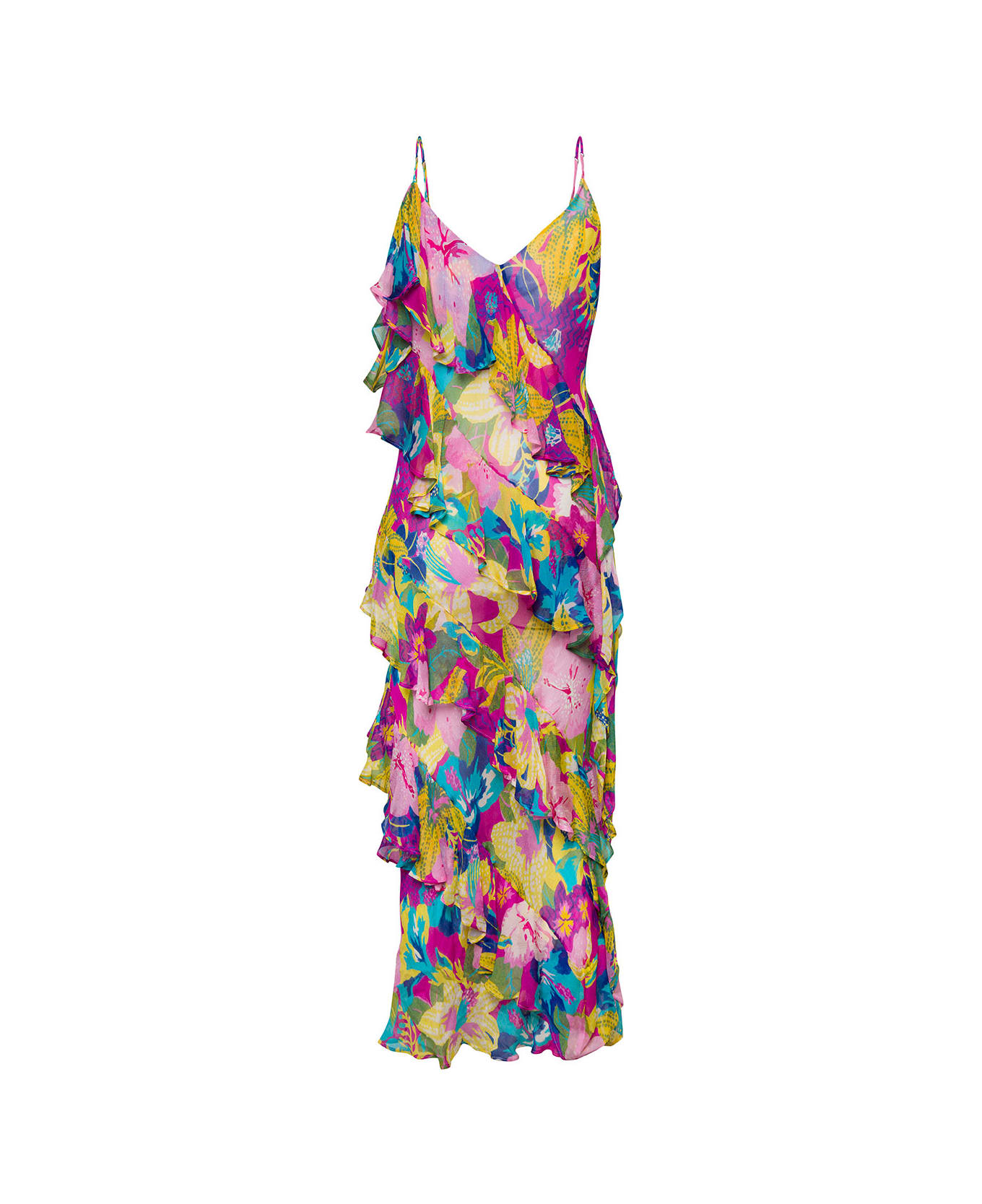 MSGM Long Dress With Frills Embellishment And Floreal Print In Viscose Woman - Multicolor