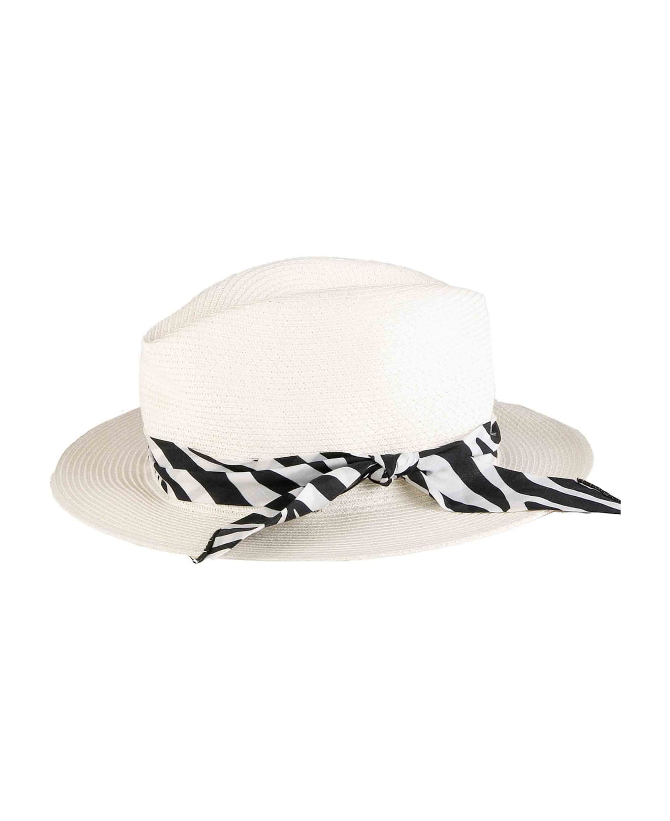 MC2 Saint Barth White Paper Hat With Zebra Print Bandeau - WHITE